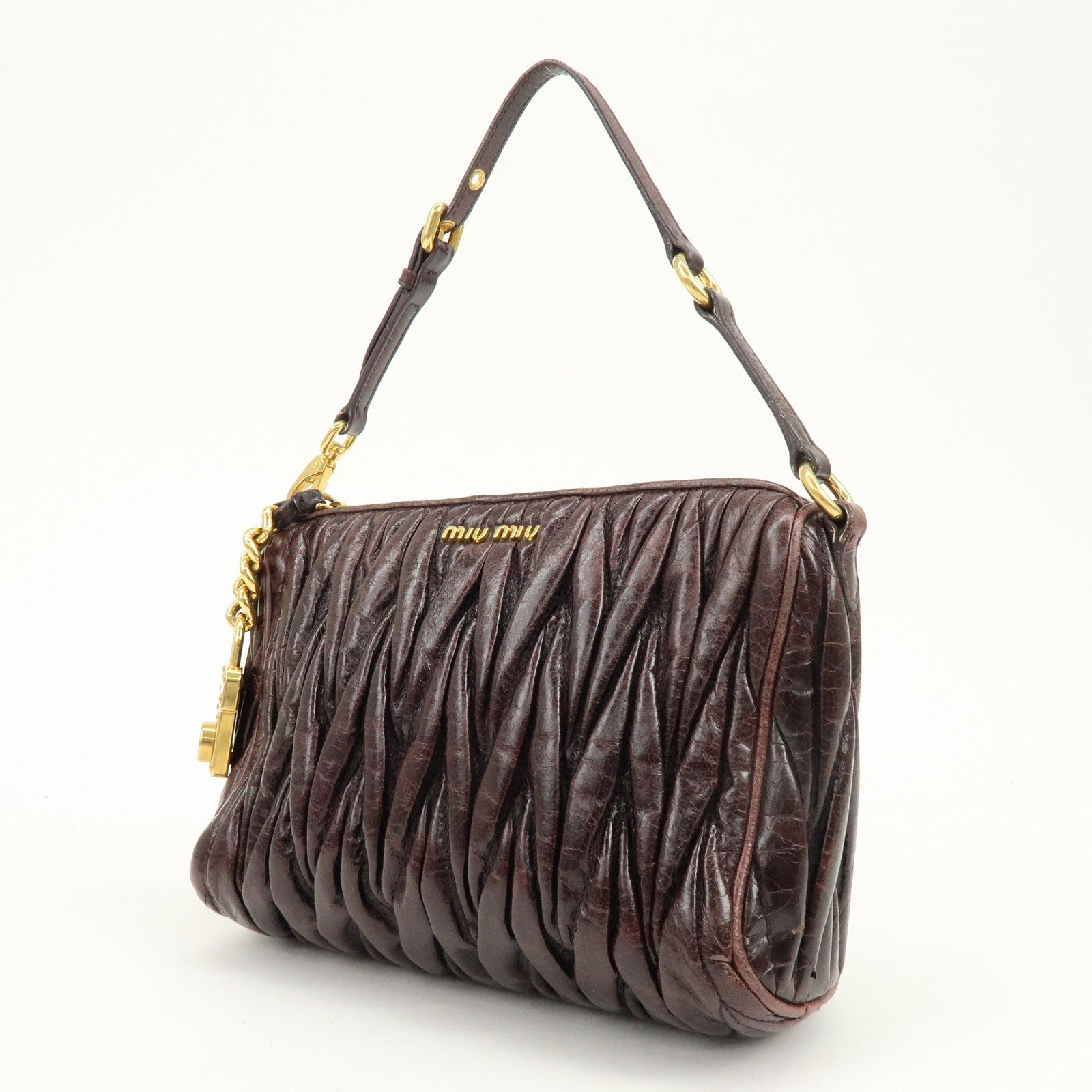 MIU MIU Matelasse Gathered Leather Hand Bag Brown
