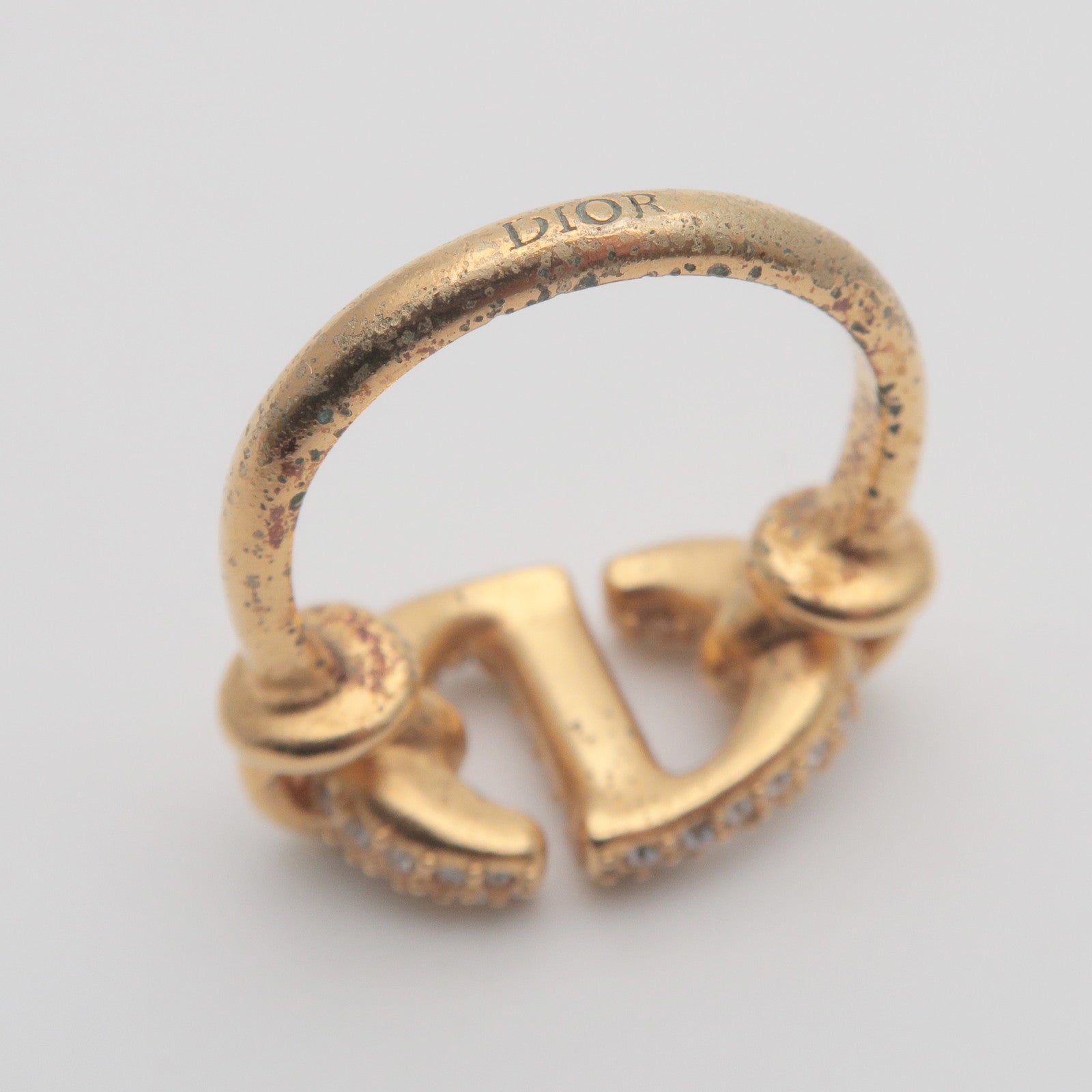 Christian Dior CD Logo Metal Rhinestone Ring M Gold US5 EU49