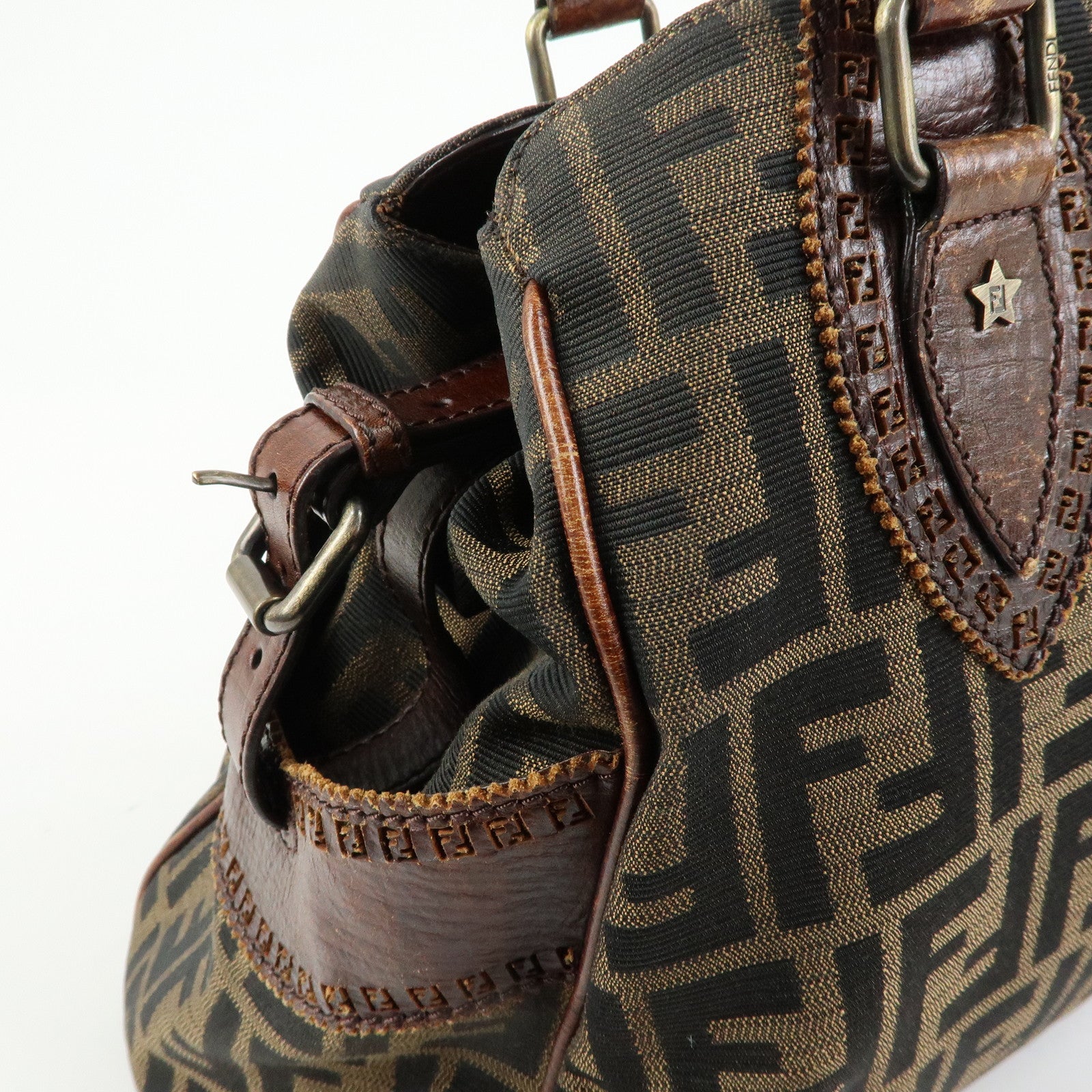 FENDI Ethnico Zucca Canvas Leather Tote Shoulder Bag Brown 8BN162