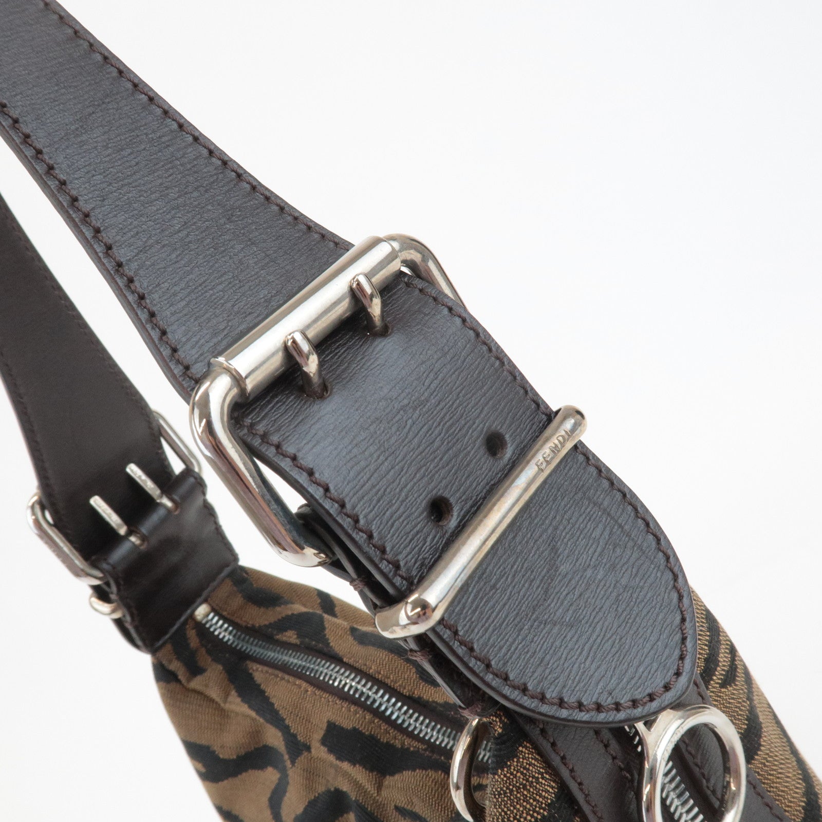FENDI Zebra Leather Canvas Shoulder Bag Hand Bag Black Brown Used