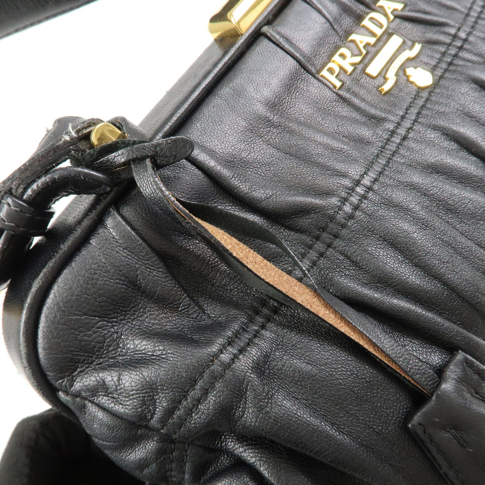 PRADA Logo Nappa Leather Gathered Shoulder Bag Hand Bag Black