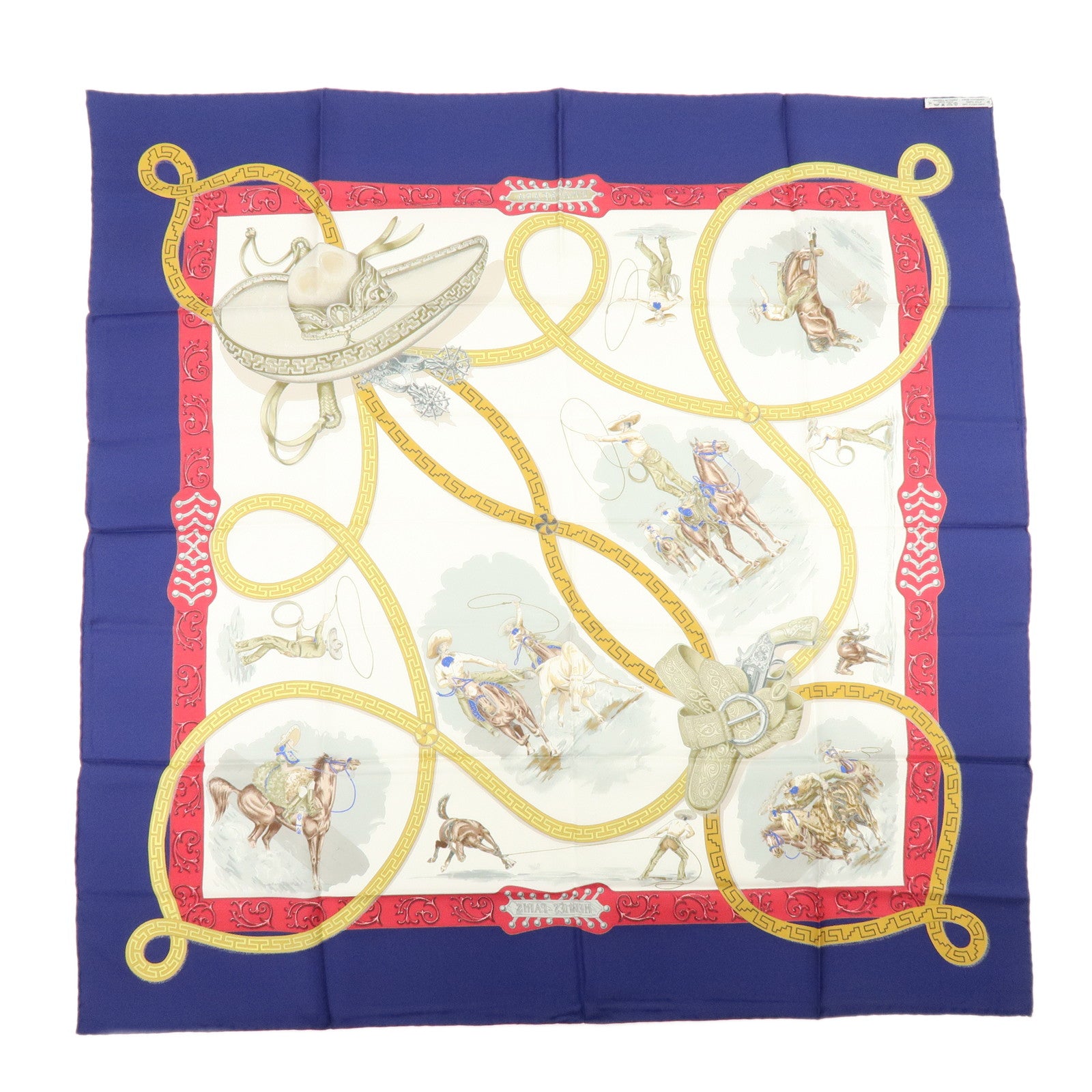 HERMES Carre 90 Silk 100% Scarf CHARREADA Navy White