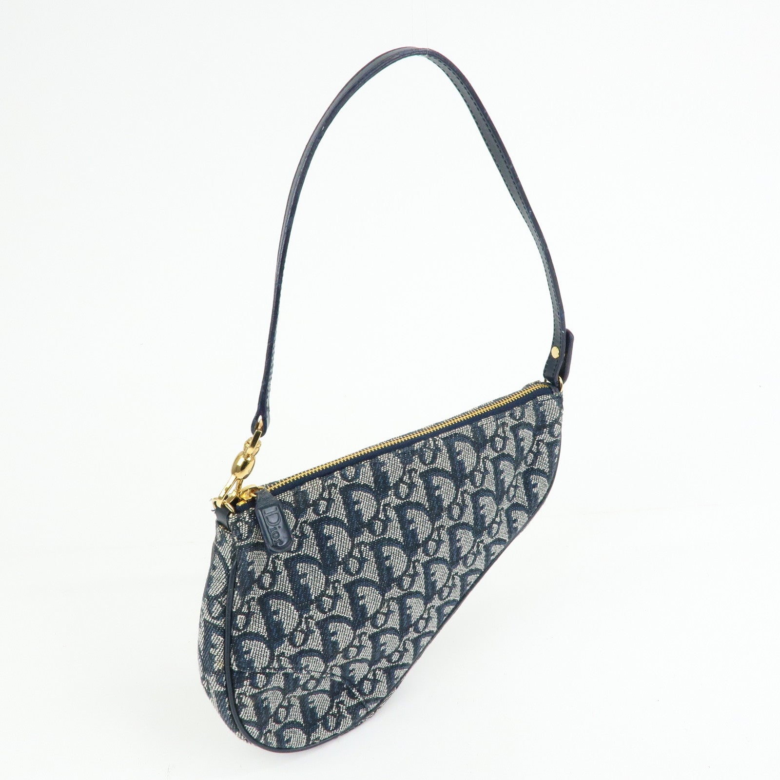 Christian Dior Trotter Jacguard Leather Saddle Bag Pouch Navy