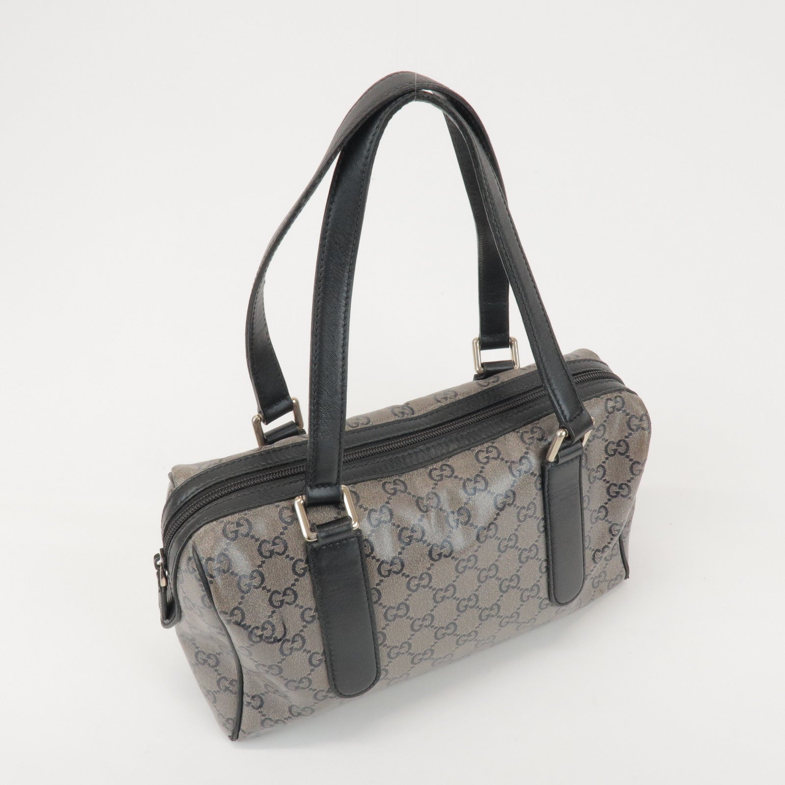 GUCCI GG Crystal Leather Boston Bag Hand Bag Silver Black 257289