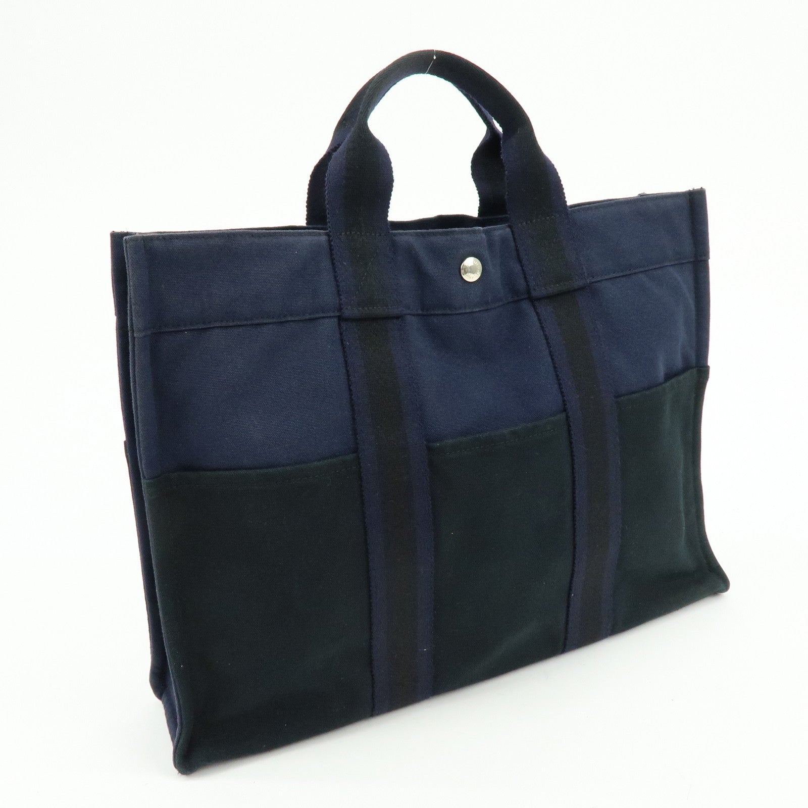 HERMES Fourre Tout MM Canvas Tote Bag Hand Bag Navy Black