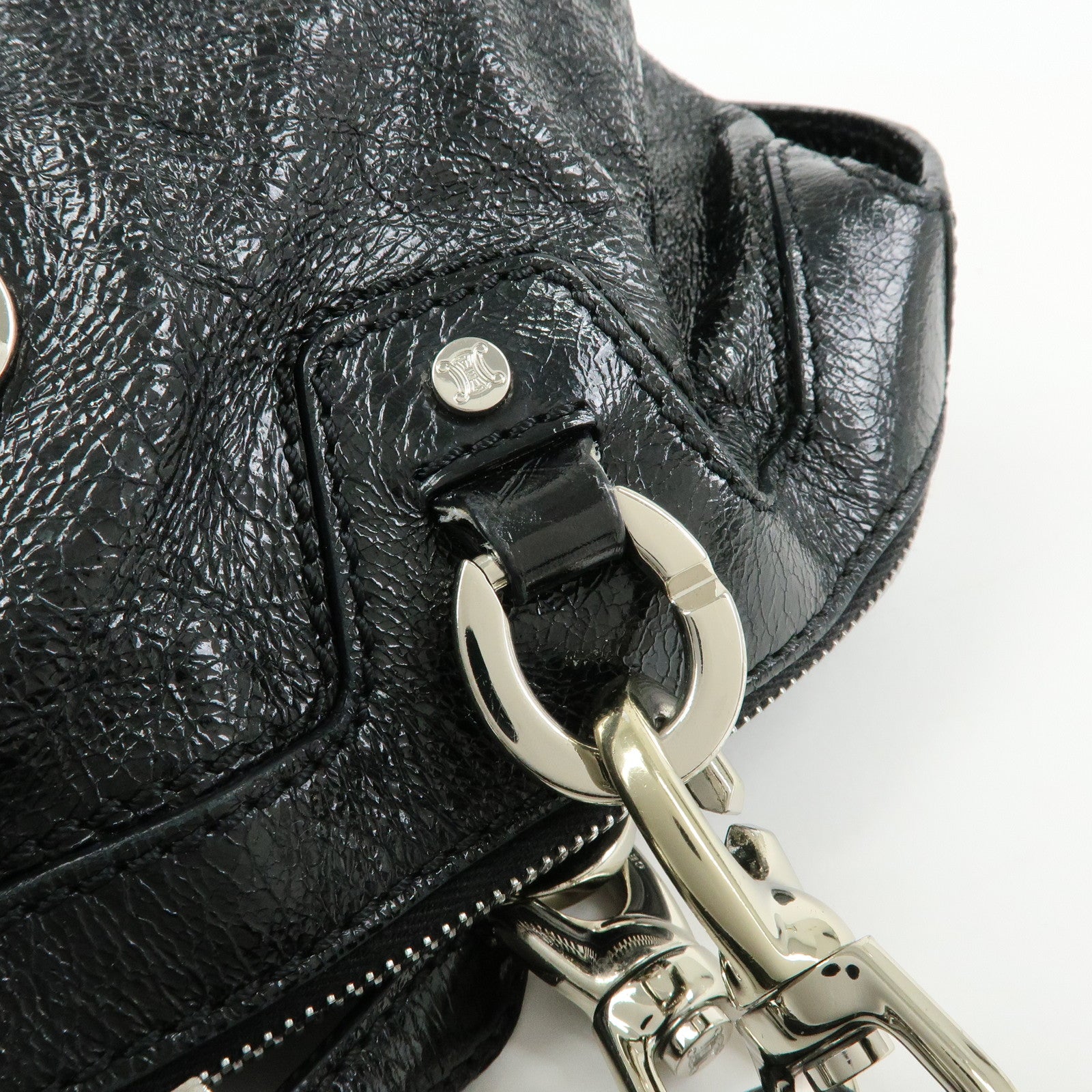 CELINE Patent Leather Macadam Stamped Boston Bag Hand Bag Black