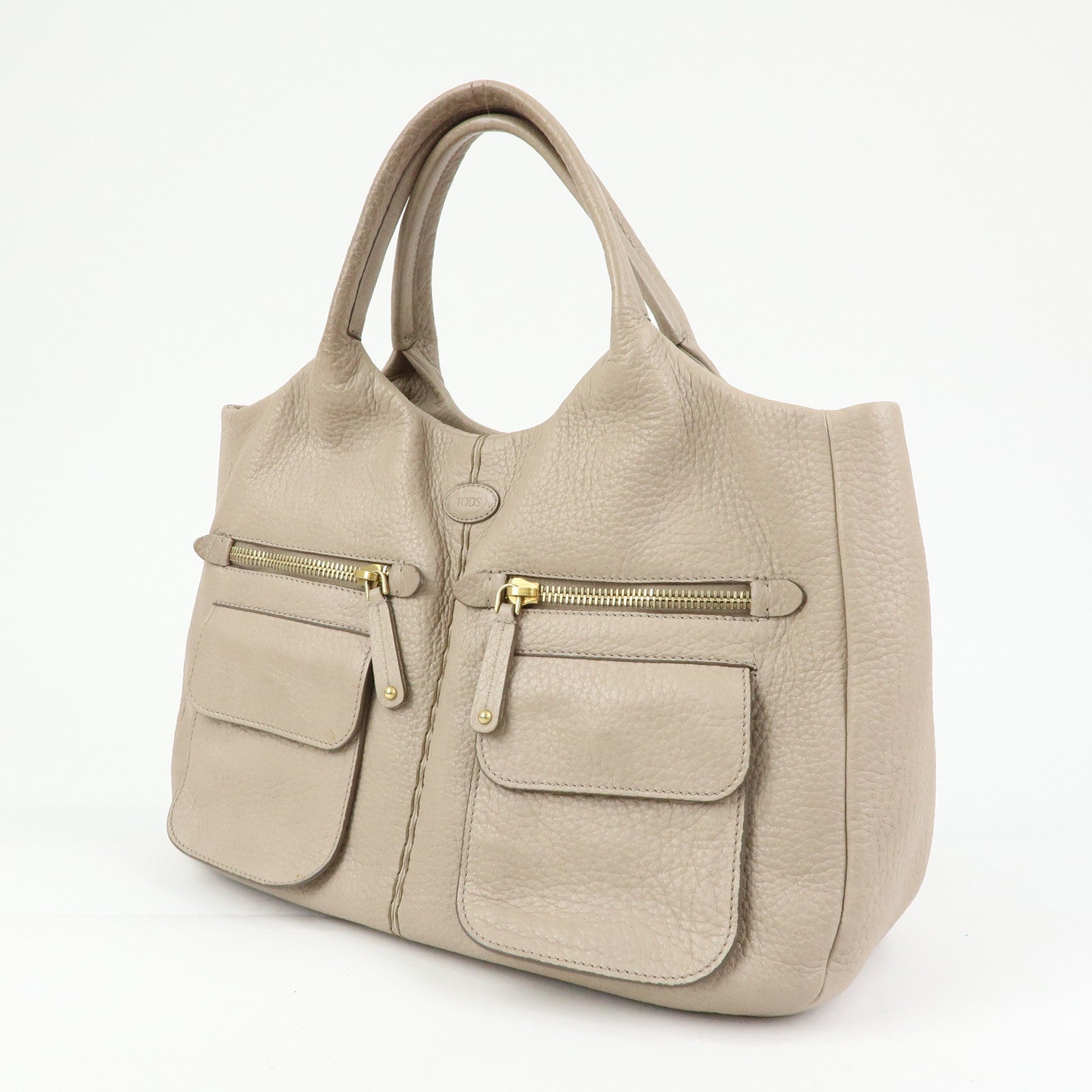 TOD'S Leather Tote Bag Shoulder Bag Hand Bag Greige