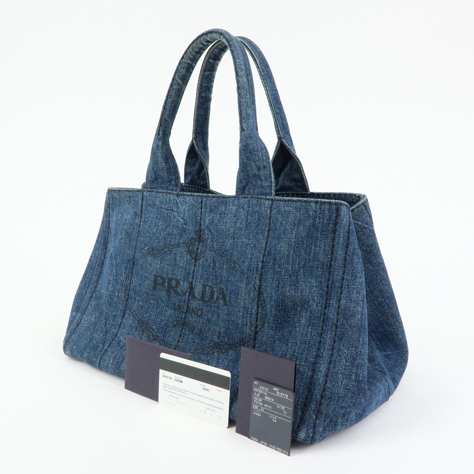 PRADA Logo Canapa Canvas Denim Tote Bag Hand Bag B1877B
