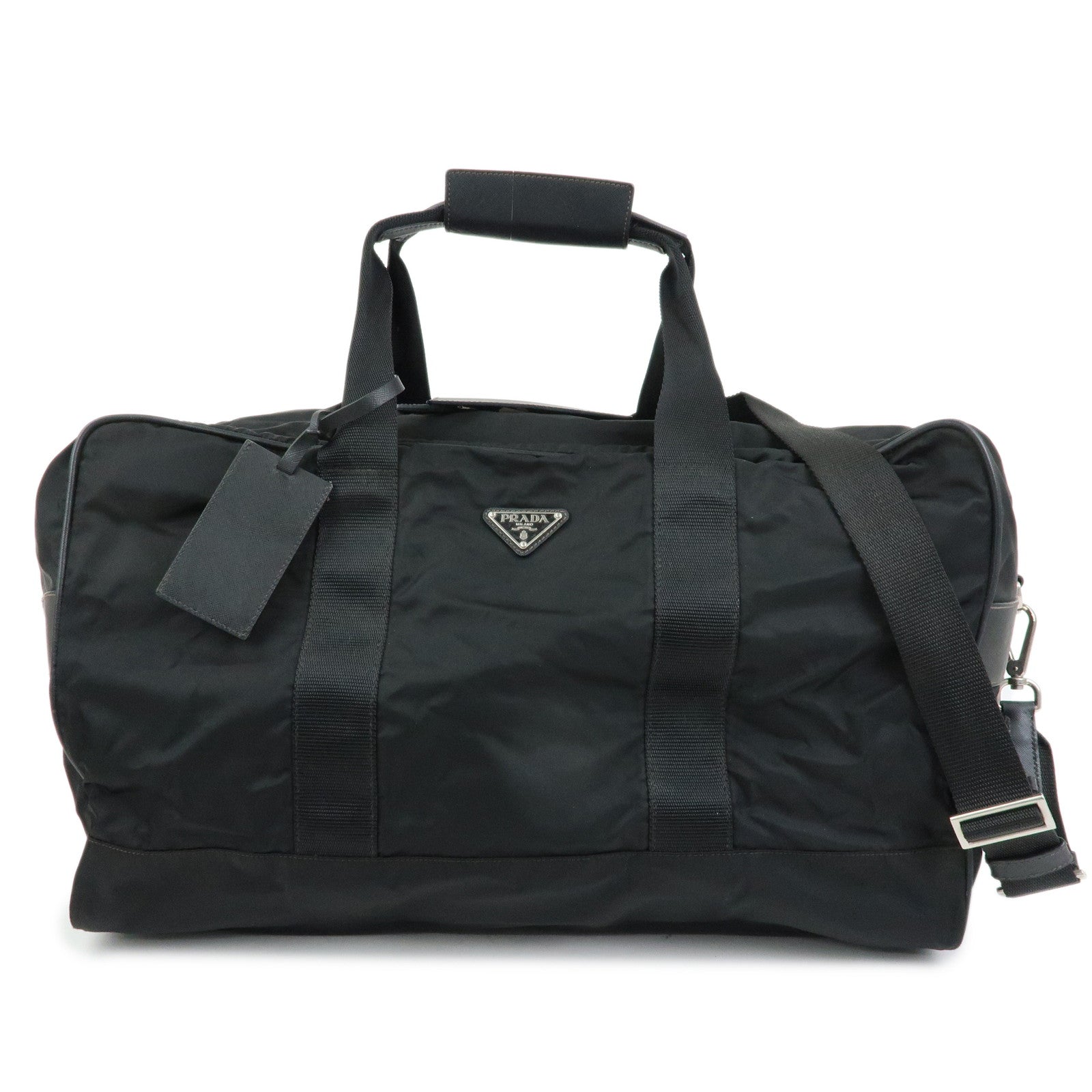 PRADA Triangle Logo Nylon Leather Boston Bag Travel Bag Black
