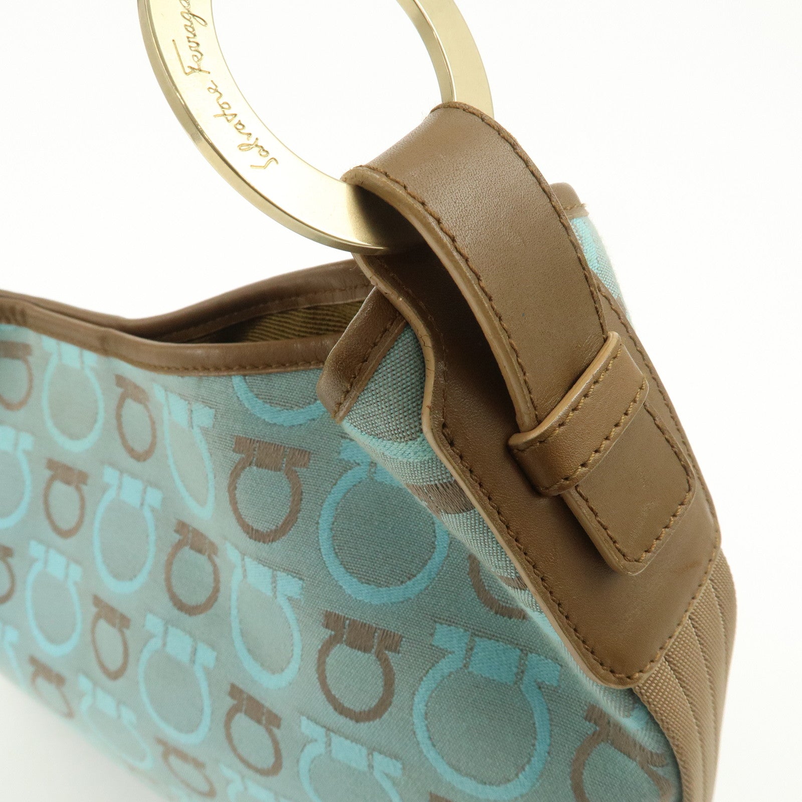 Ferragamo Gancini Canvas Leather Shoulder Bag Light Blue Brown