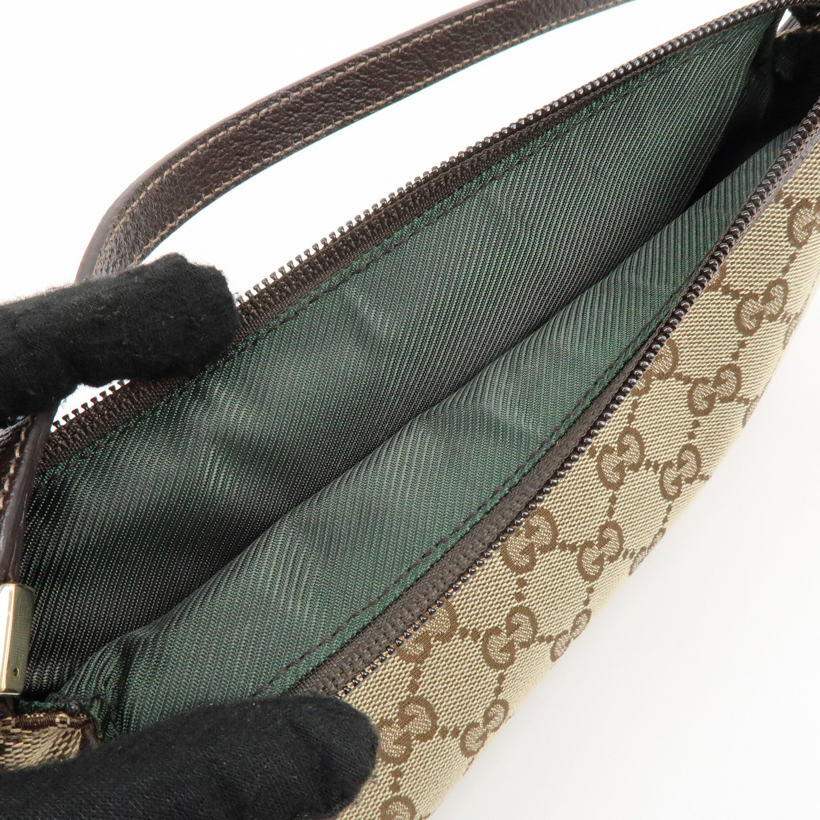 GUCCI Abbey GG Canvas Leather Pouch Hand Bag Beige Brown 145750
