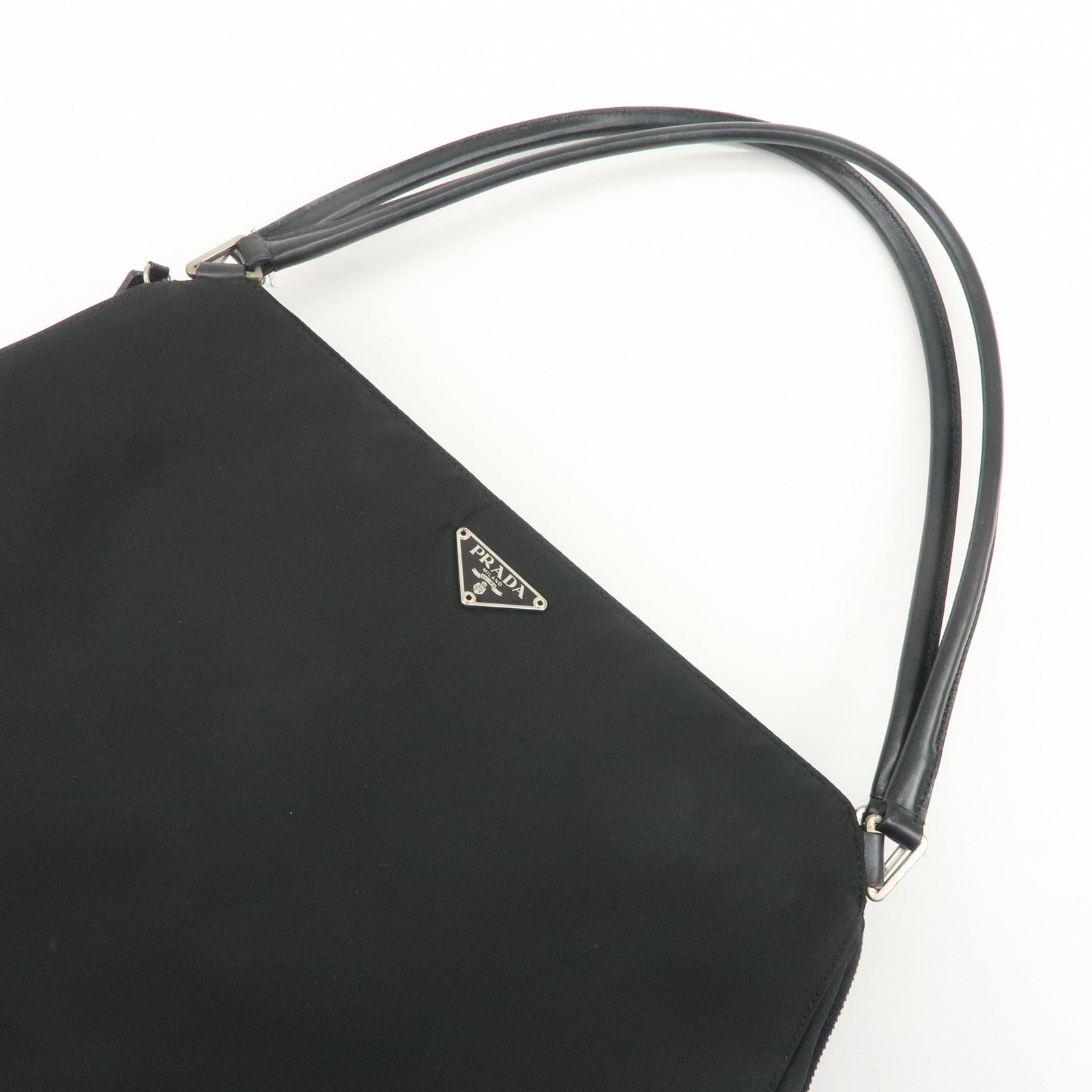 PRADA Triangle Logo Nylon Leather Shoulder Bag Hand Bag Black