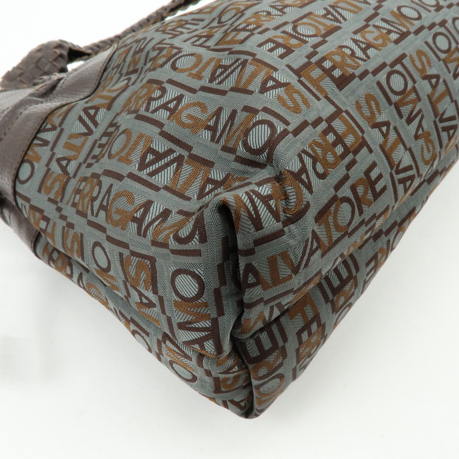 Ferragamo Gancini Canvas Leather Tote Bag Shoulder Bag Brown
