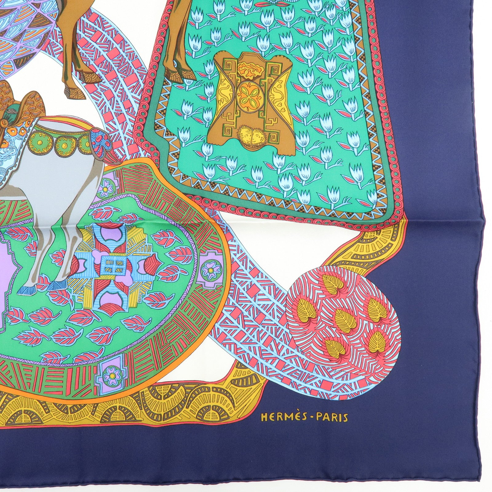HERMES Carre 90 Silk 100% Scarf ART des STEPPES Horse Print Navy