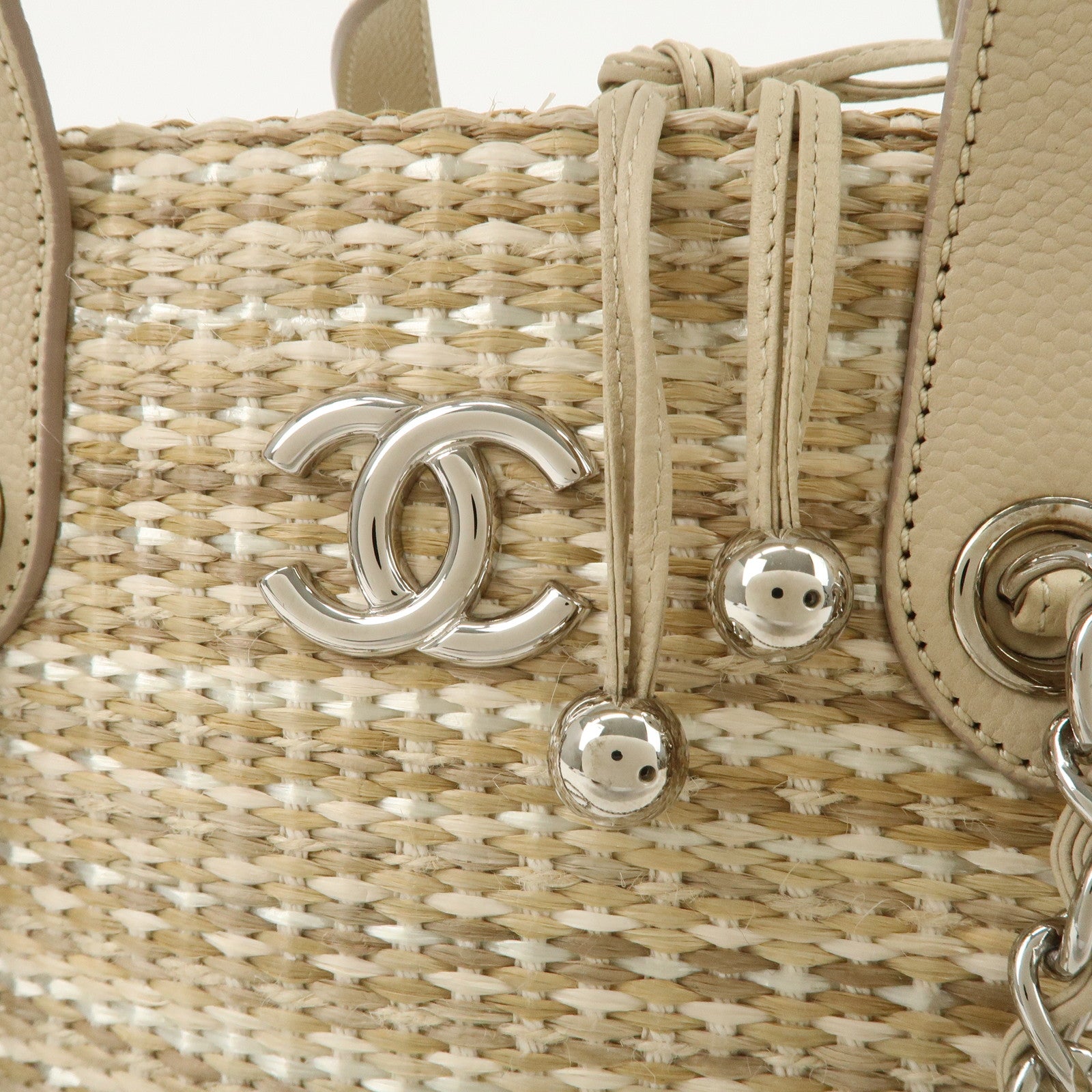 CHANEL Lether Raffia 2Way Bag Shoulder Bag Hand Bag Beige