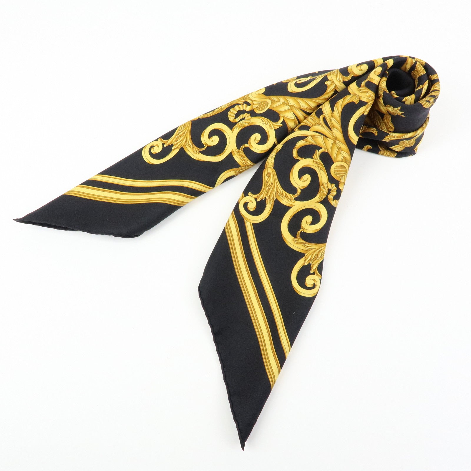 HERMES Carre 90 Silk 100% Scarf LES TUILERIES Black Gold