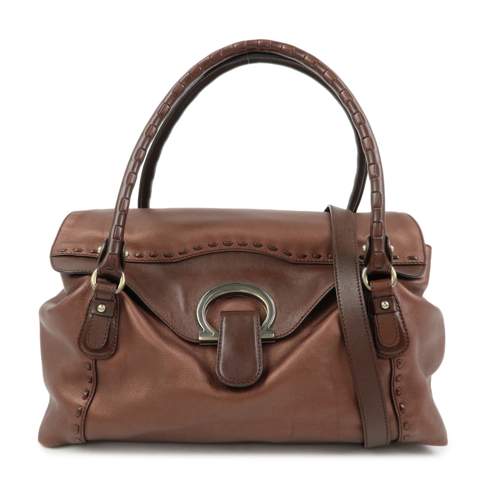 Ferragamo Gancini Leather 2Way Bag Hand Shoulder Bag Metallic Brown