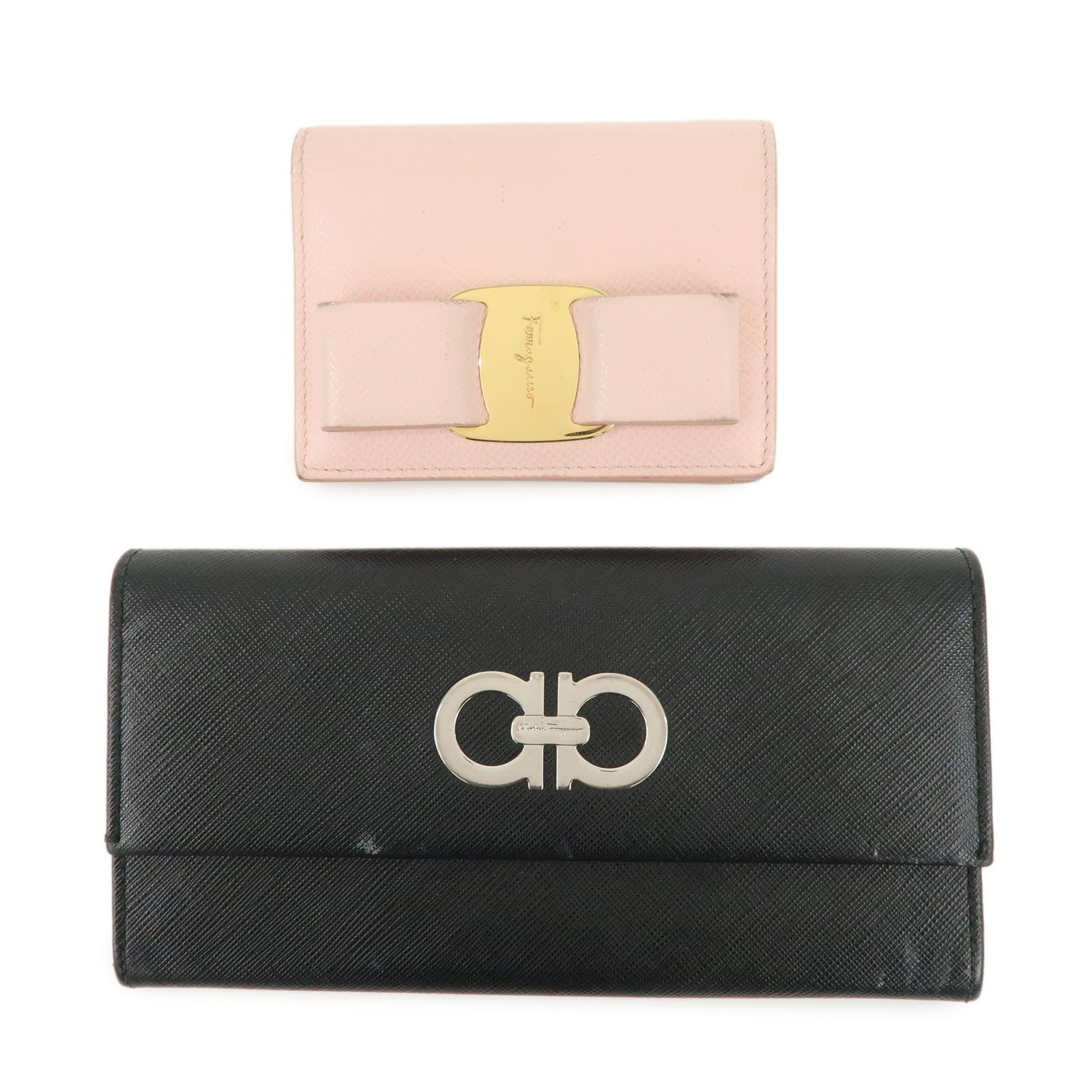Ferragamo Gancini Vara Ribbon Set of 2 Wallet Black Pink