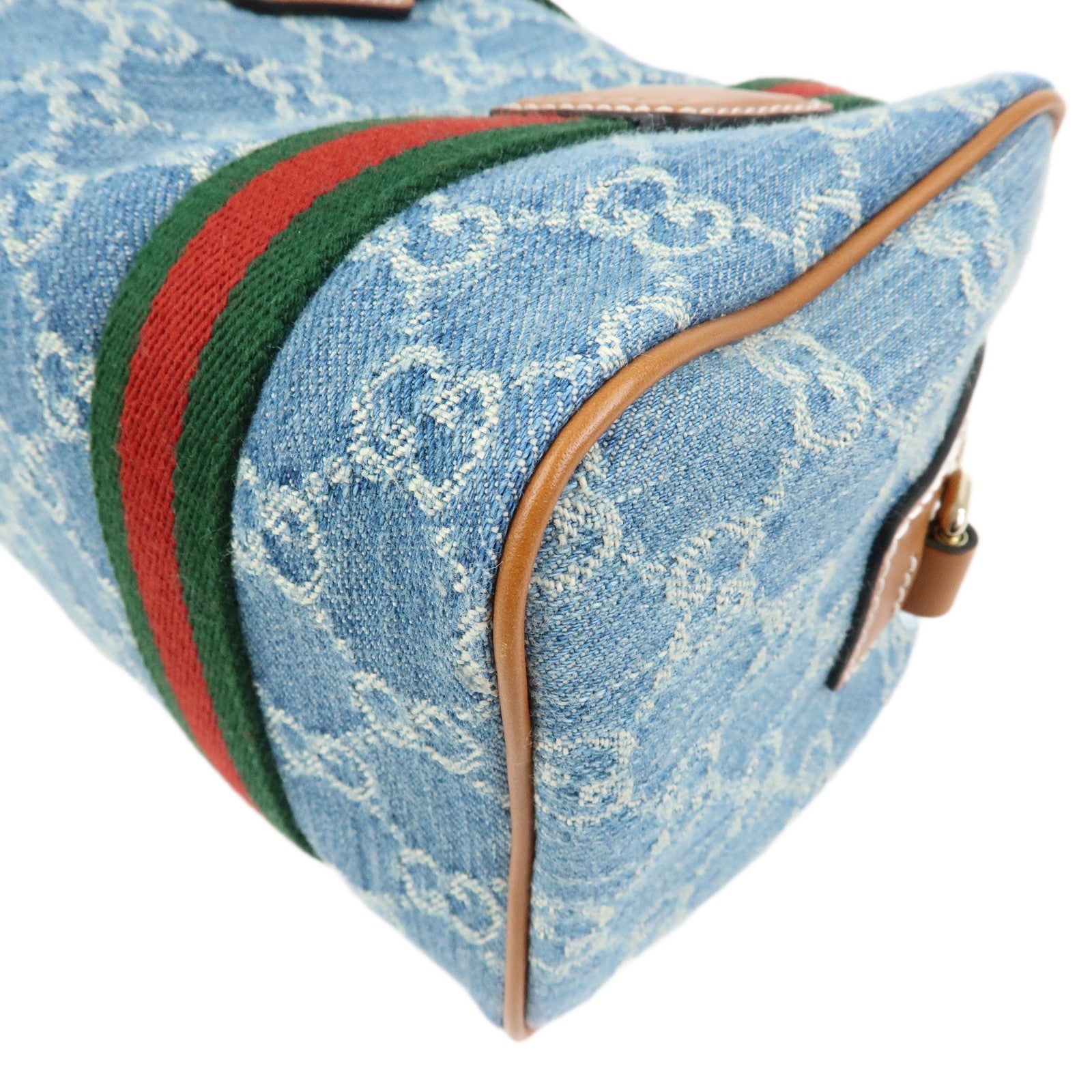 GUCCI Sherry GG Denim Leather 2Way Boston Bag Blue Brown 859975