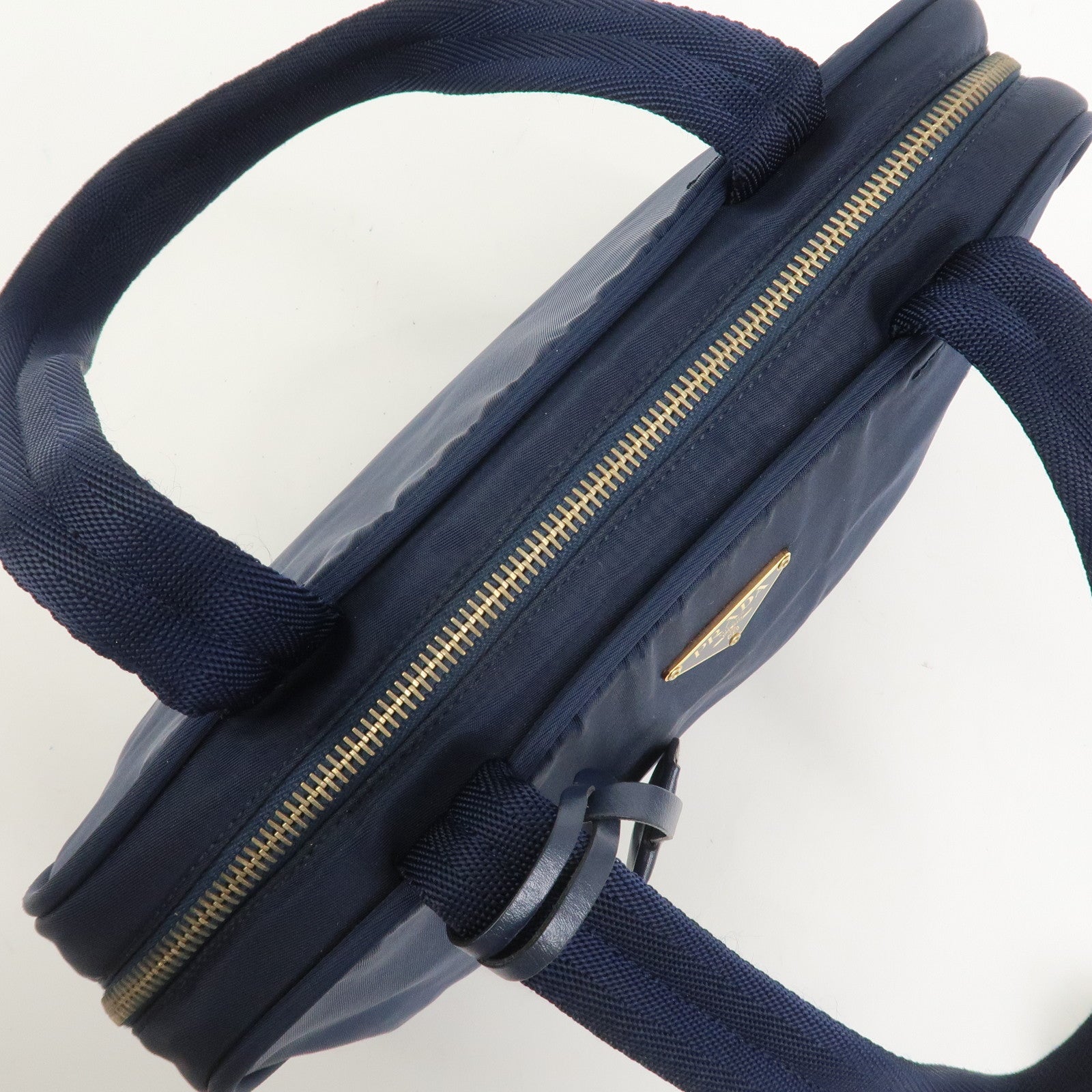 PRADA Triangle Logo Nylon Leather Hand Bag Navy