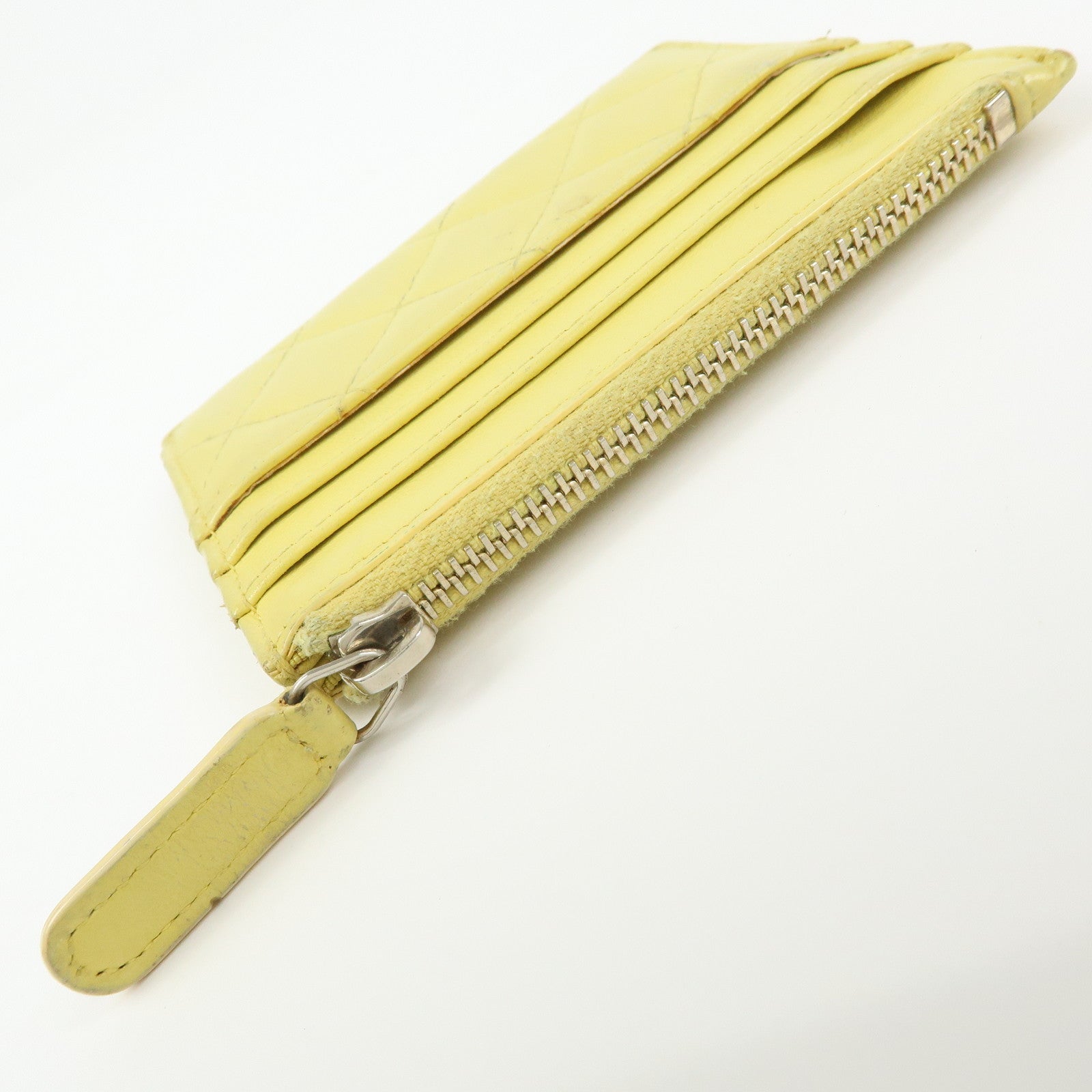 CHANEL Matelasse COCO Mark Lamb Skin Card Case Card Holder Yellow