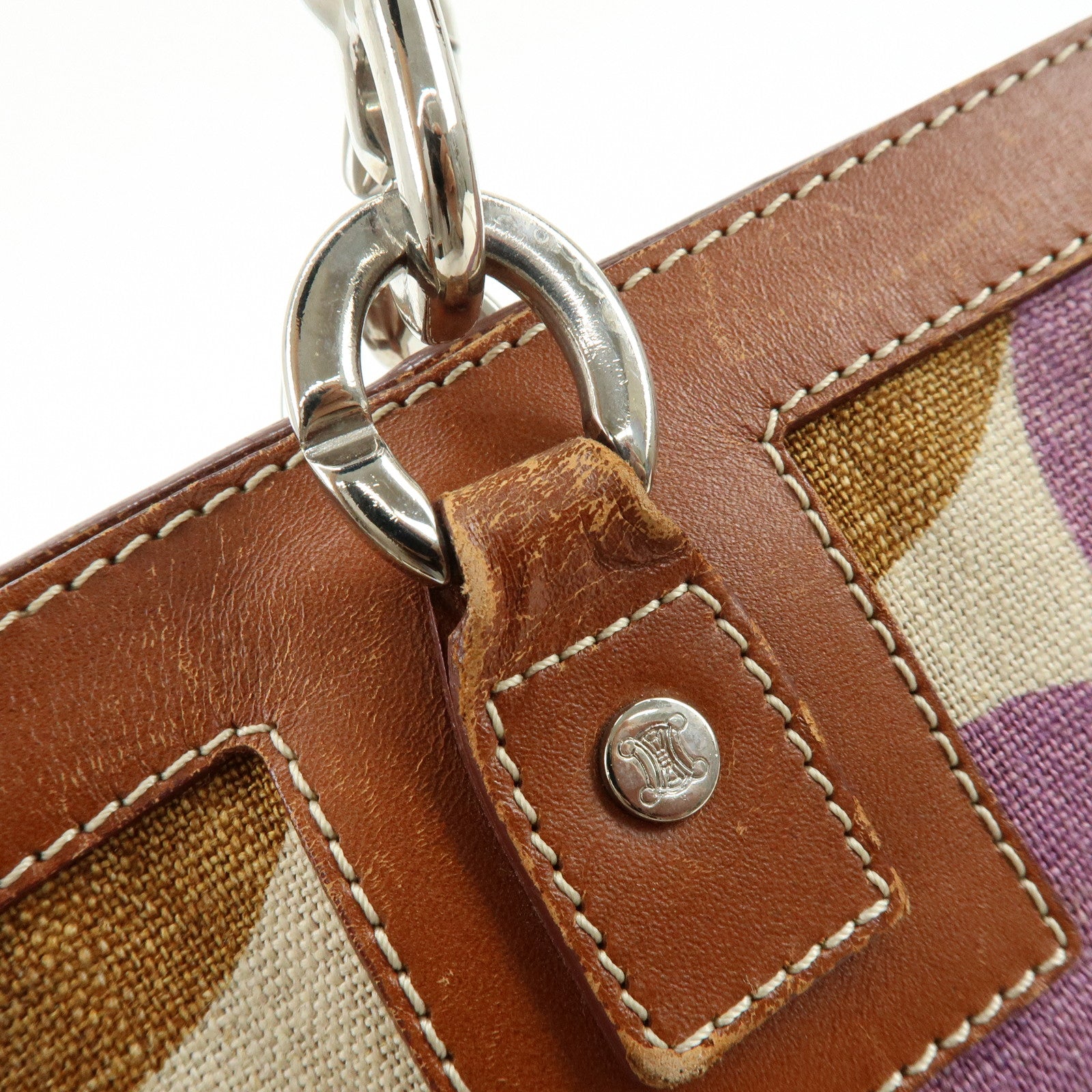 CELINE Flower Canvas Leather Tote Bag Shoulder Bag Brown Natural