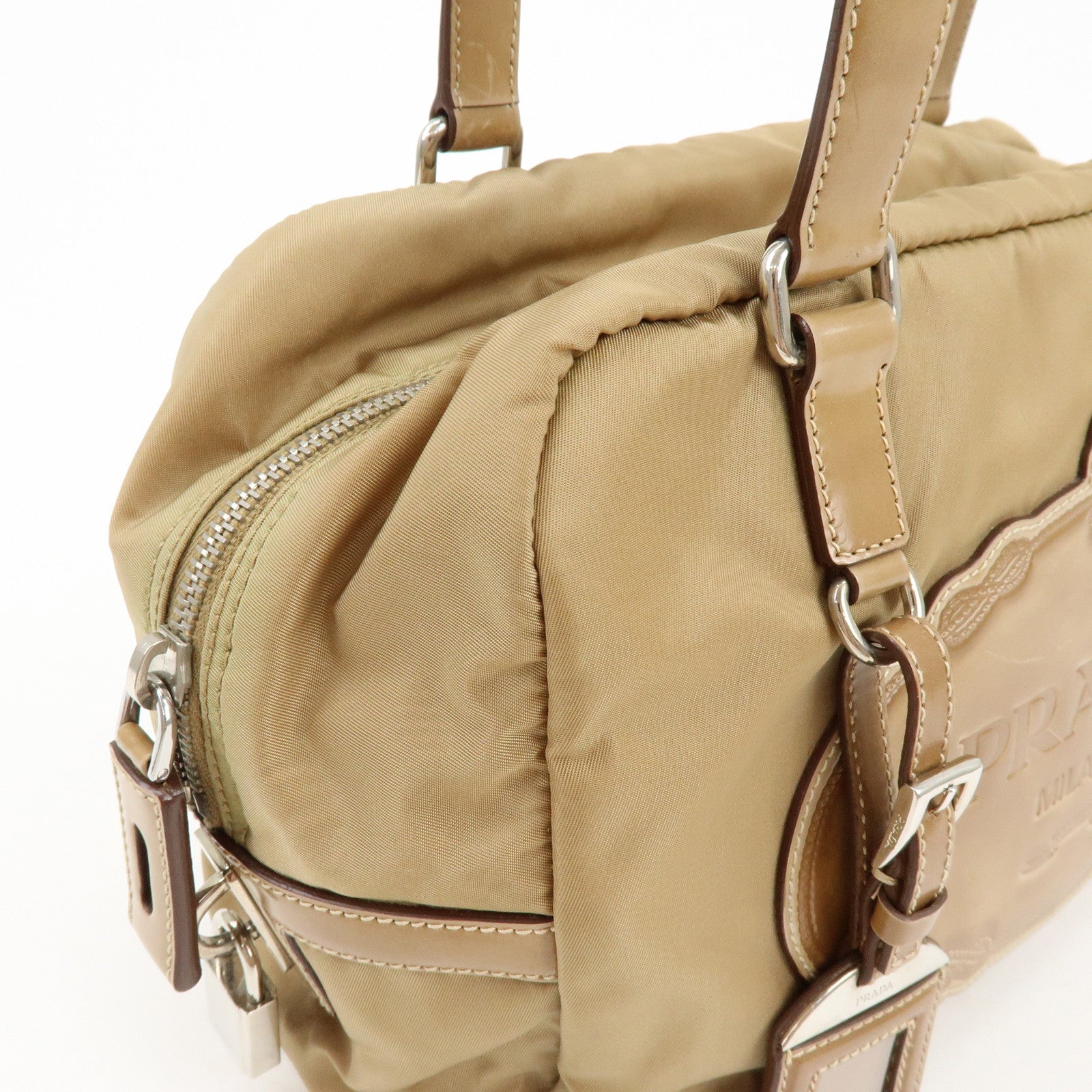 PRADA Logo Nylon Leather Shoulder Bag Boston Bag Beige BR3150