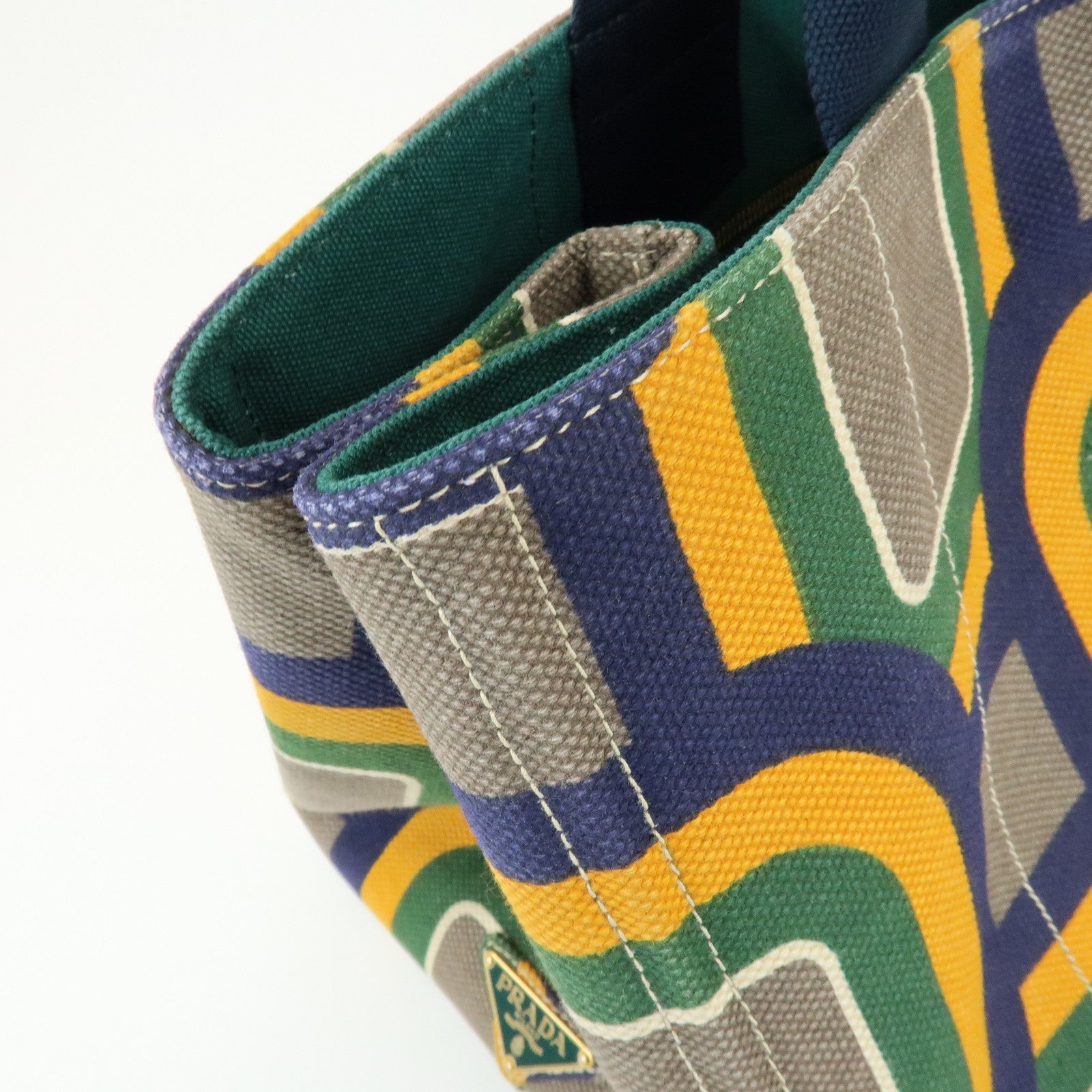 PRADA Canapa Large Tote Bag Hand Bag Green Yellow Navy BN1872