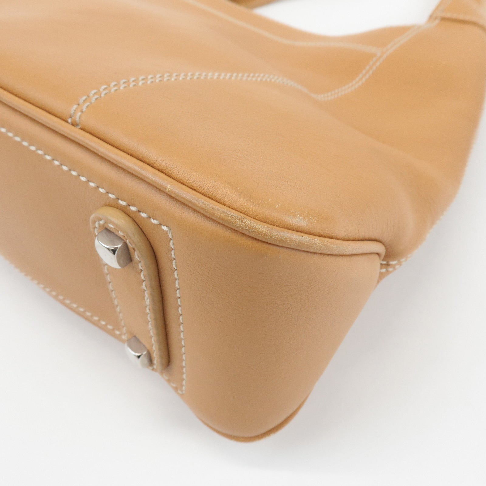 Ferragamo Gancini Leather Shoulder Bag Light Brown Silver HDW Used