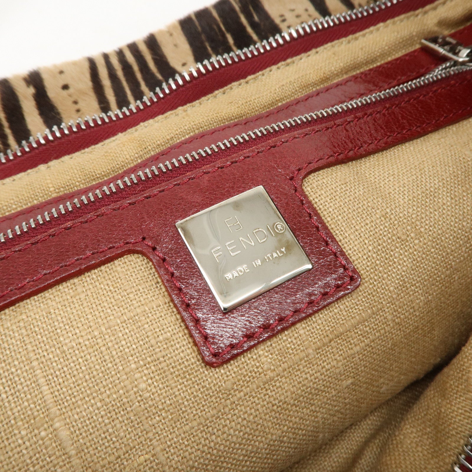 FENDI Calf Hair Leather Tote Bag Hand Bag Beige Red 26634