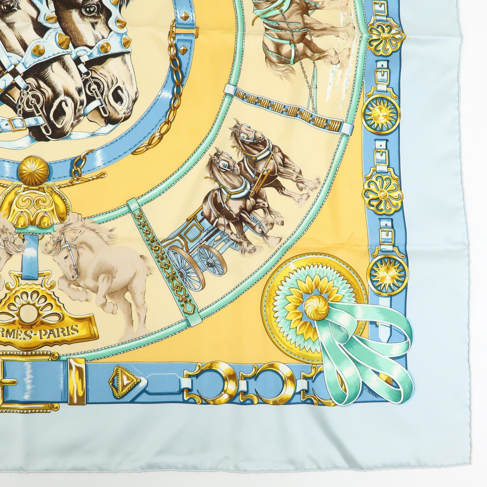 HERMES Carre 90 Silk 100% Scarf CHEVAUX DE TRAIT Light Blue Yellow