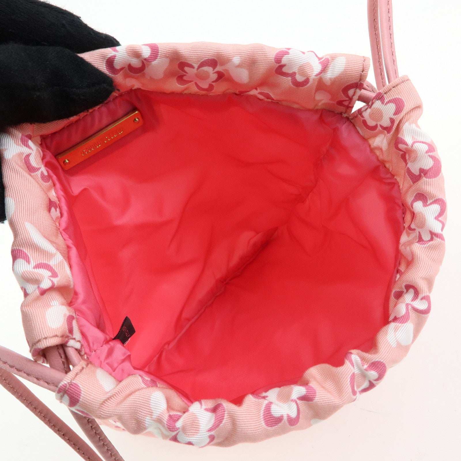 MIU MIU Logo Nylon Leather Drawstring Pouch Flower Motif 5NG003