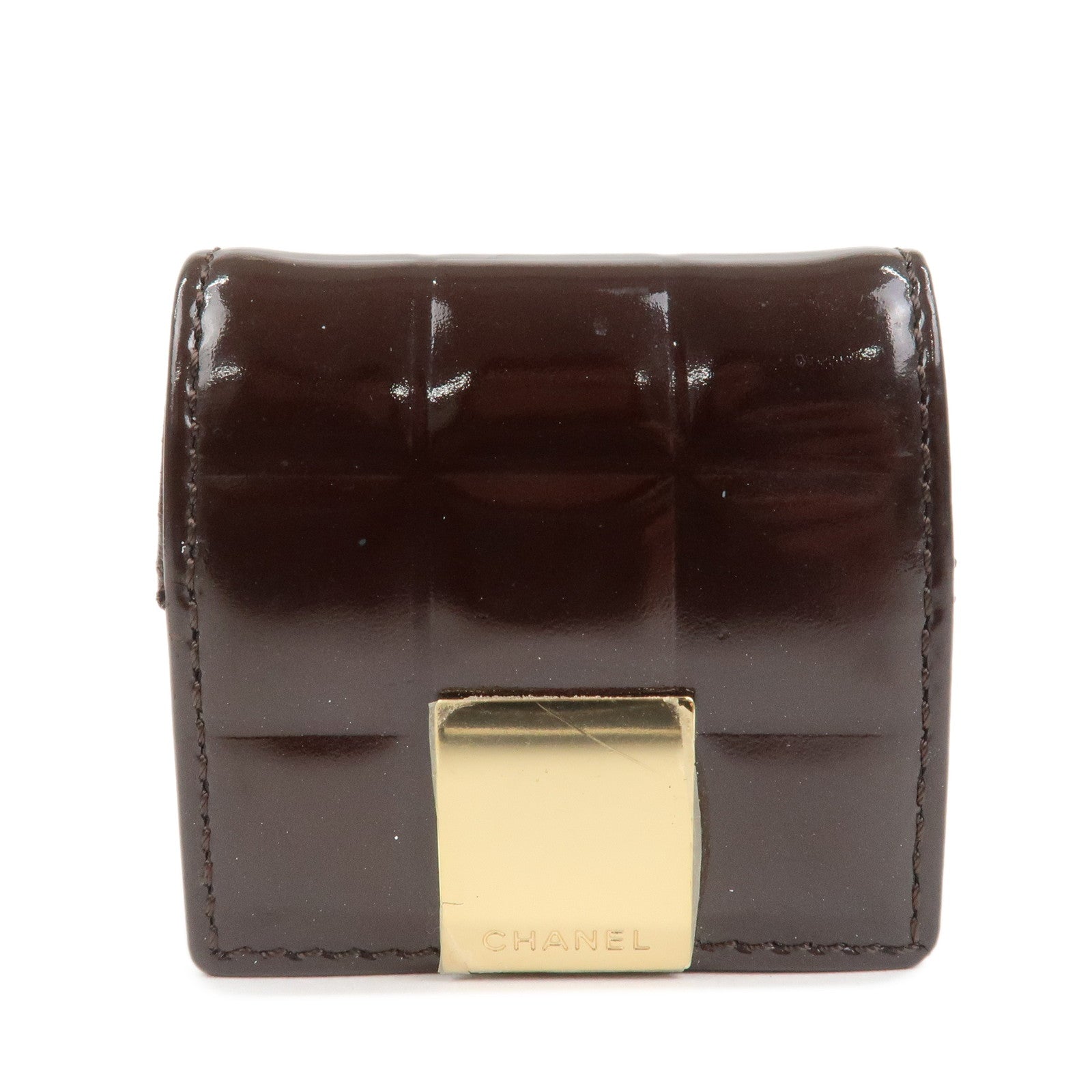 CHANEL Chocolate Bar Patent Leather Coin Case Coin Purse Brown