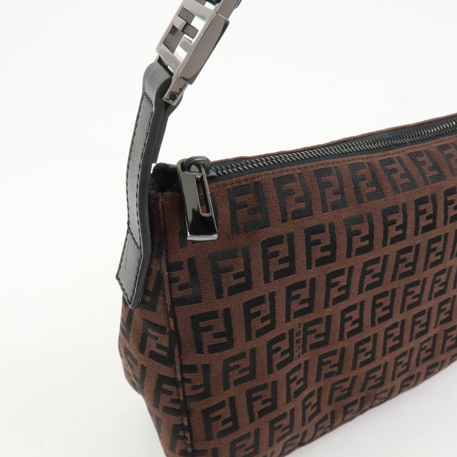 FENDI Zucchino Canvas Leather Shoulder Bag Hand Bag Brown 8BR444
