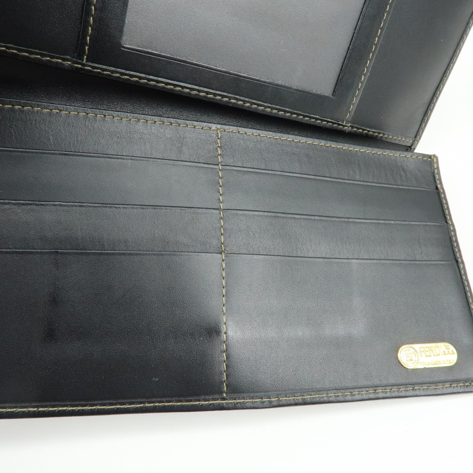 FENDI Pequin Leather PVC Long Wallet Beige Black 30806