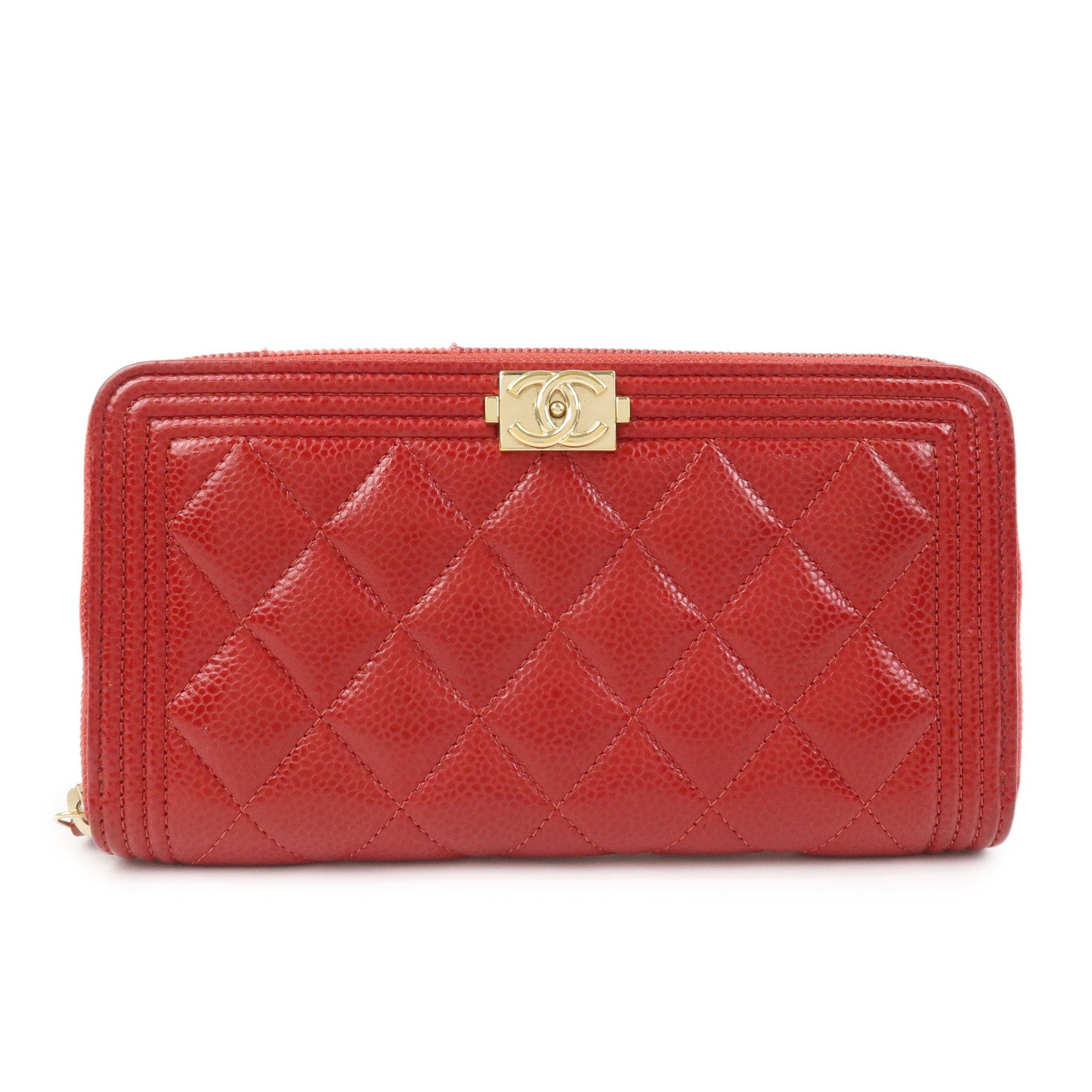 CHANEL BOY CHANEL Caviarskin Round Zippy Wallet Red Gold A68912