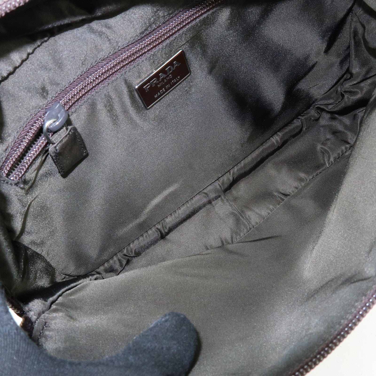 PRADA Triangle Logo Nylon Leather Hand Bag Cosmetic Case Khaki