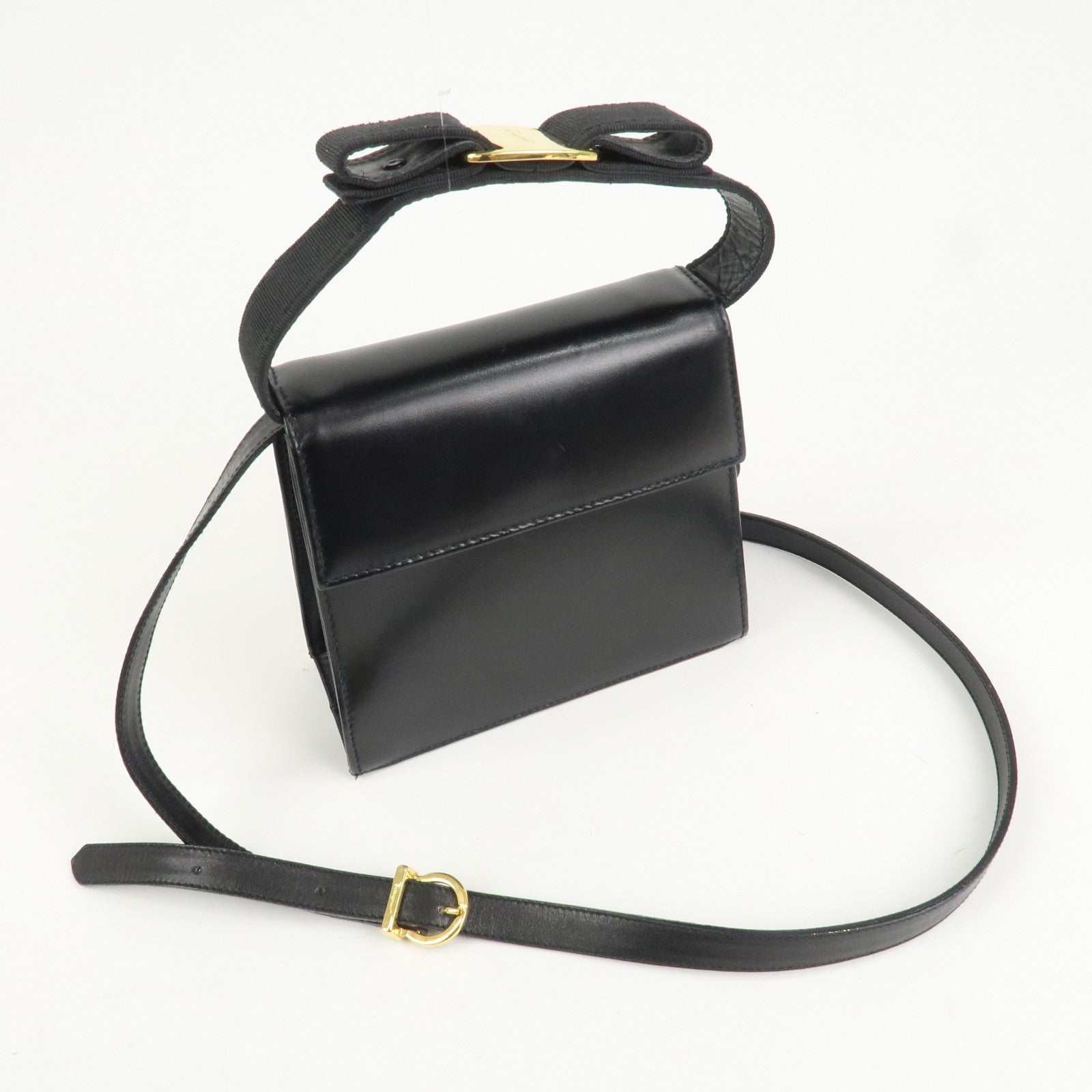 Ferragamo Varra Ribbon Leather 2Way Bag Shoulder Bag Hand Bag Black
