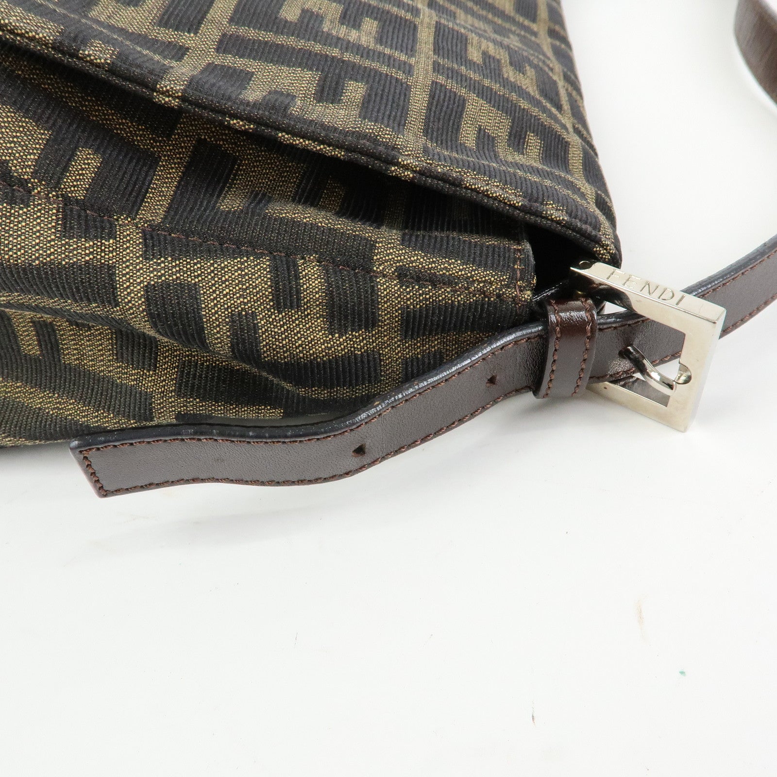 FENDI Mamma Baguette Zucca Canvas Leather Shoulder Bag Brown 26325