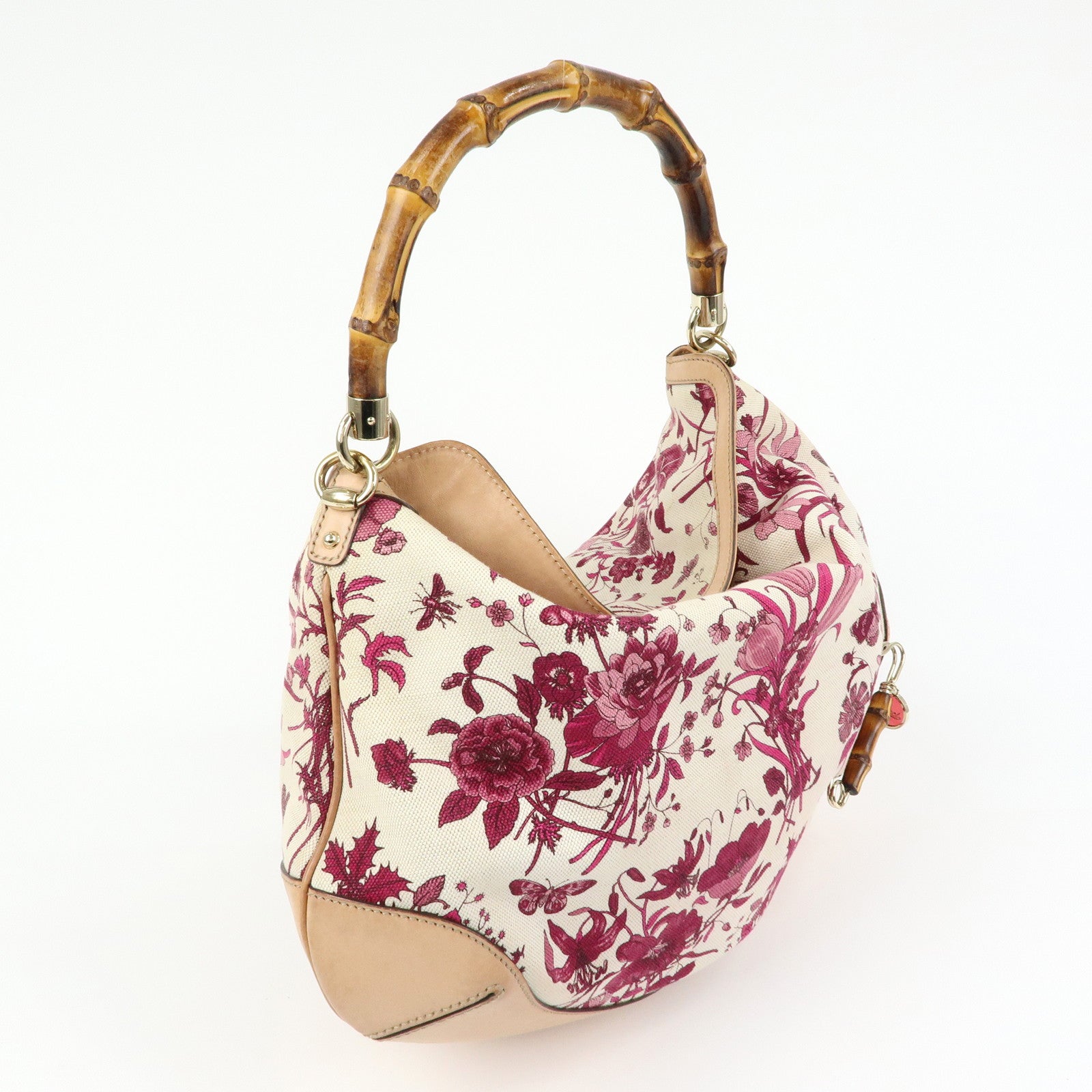 GUCCI Bamboo Flora Canvas Leather 2Way Shoulder Bag Pink 169976