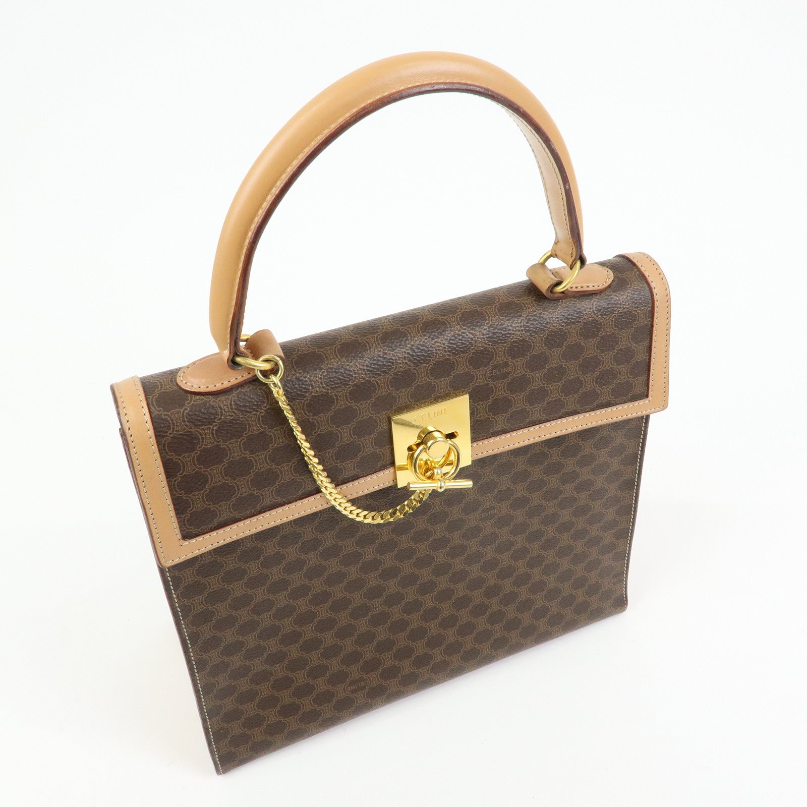 CELINE Macadam PVC Leather Hand Bag Top Handle Flap Bag Brown
