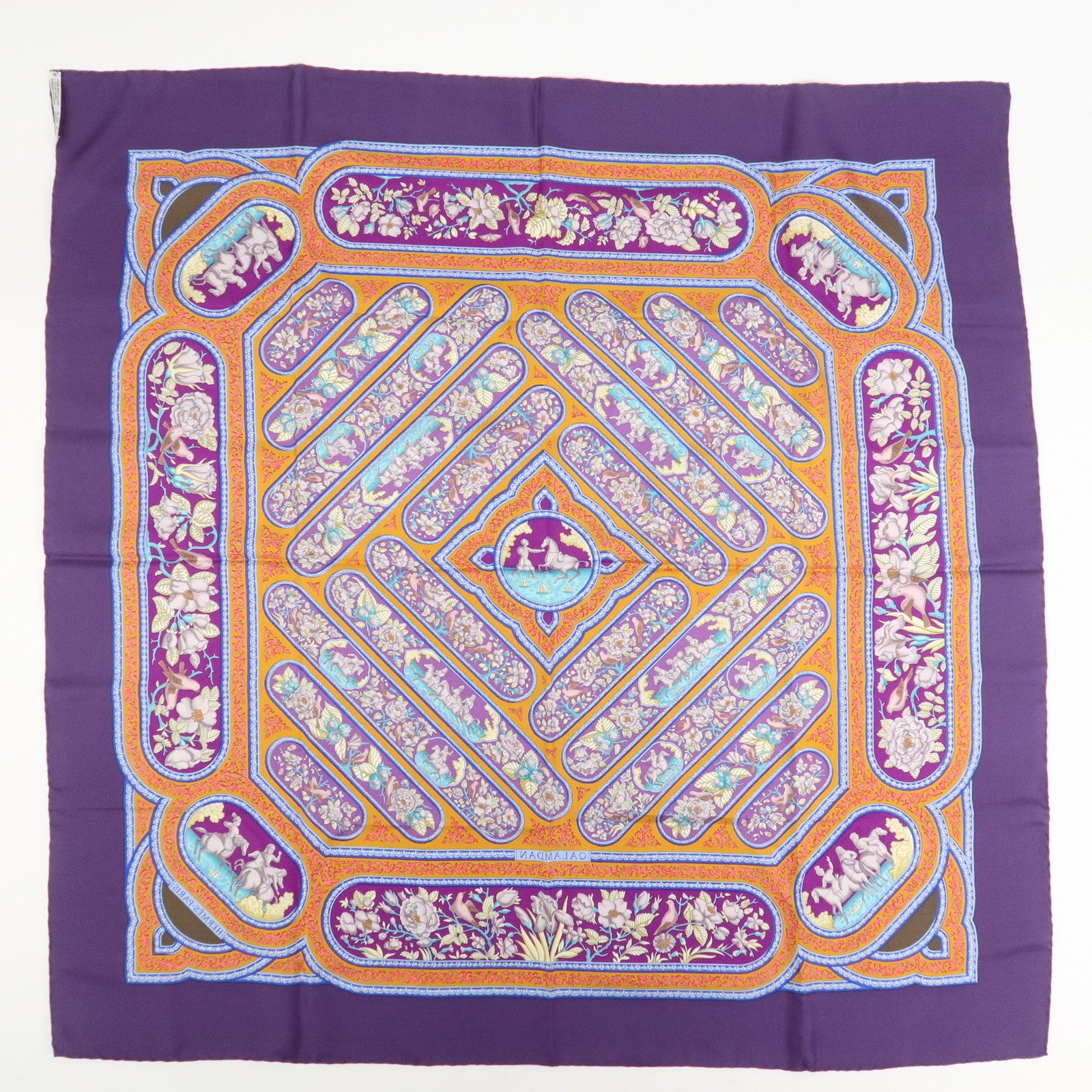 HERMES Carre 90 Silk 100% Scarf QALAMDAN Purple Orange