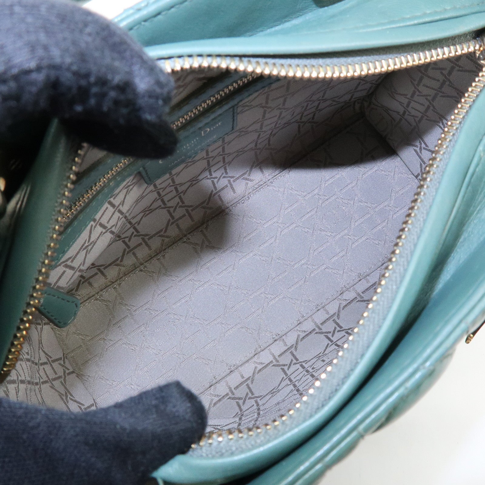 Christian Dior Lady Dior Cannage Lamb Skin 2Way Bag Hand Bag Green