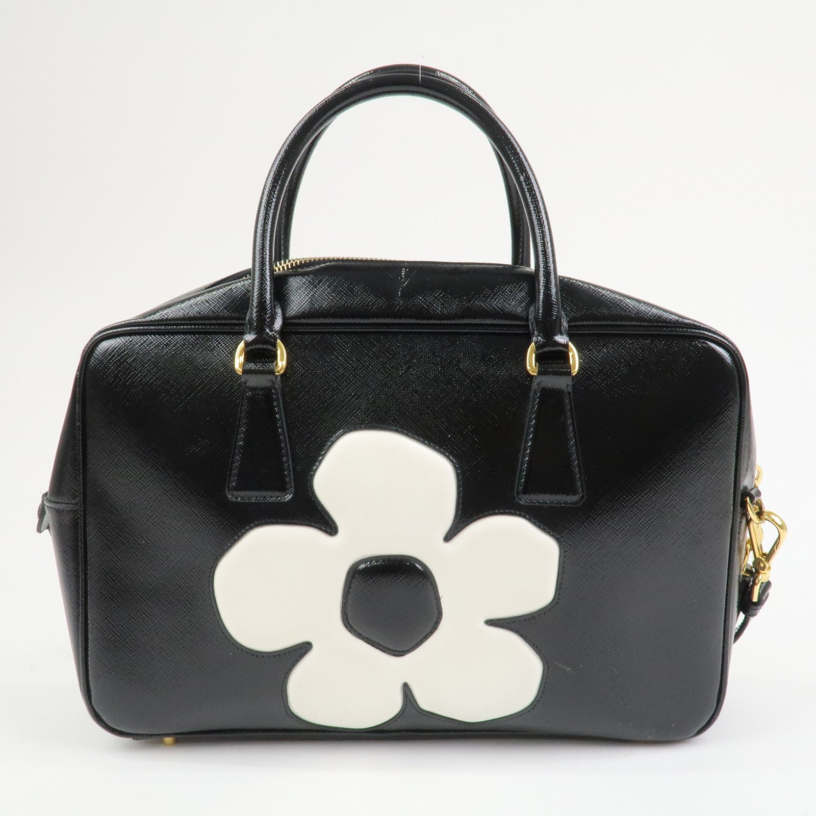 PRADA Flower Saffiano Leather 2Way Bag Hand Bag Black BL095M