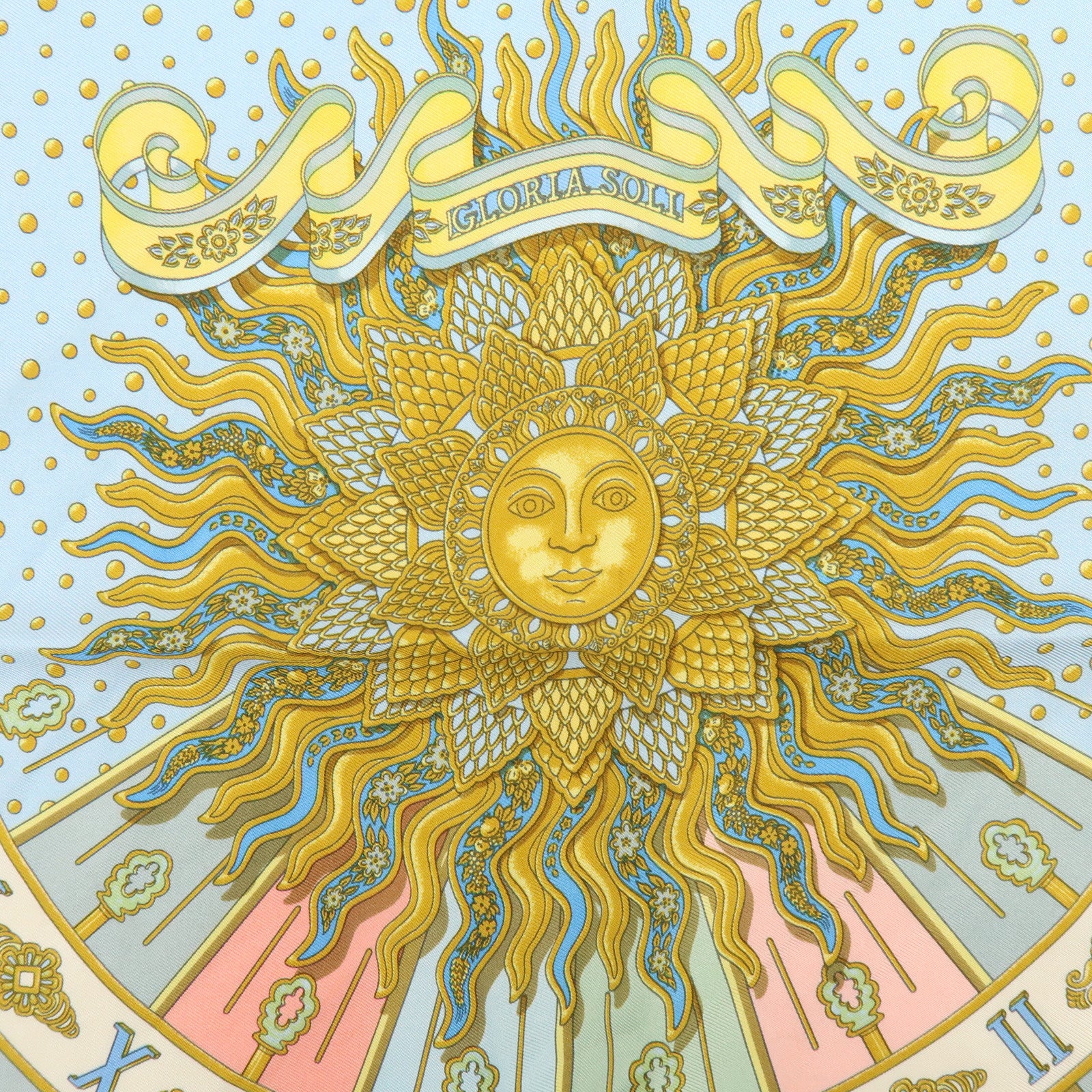 HERMES Carre 40 Silk 100% GLORIA SOLI Scarf Light Blue Gold