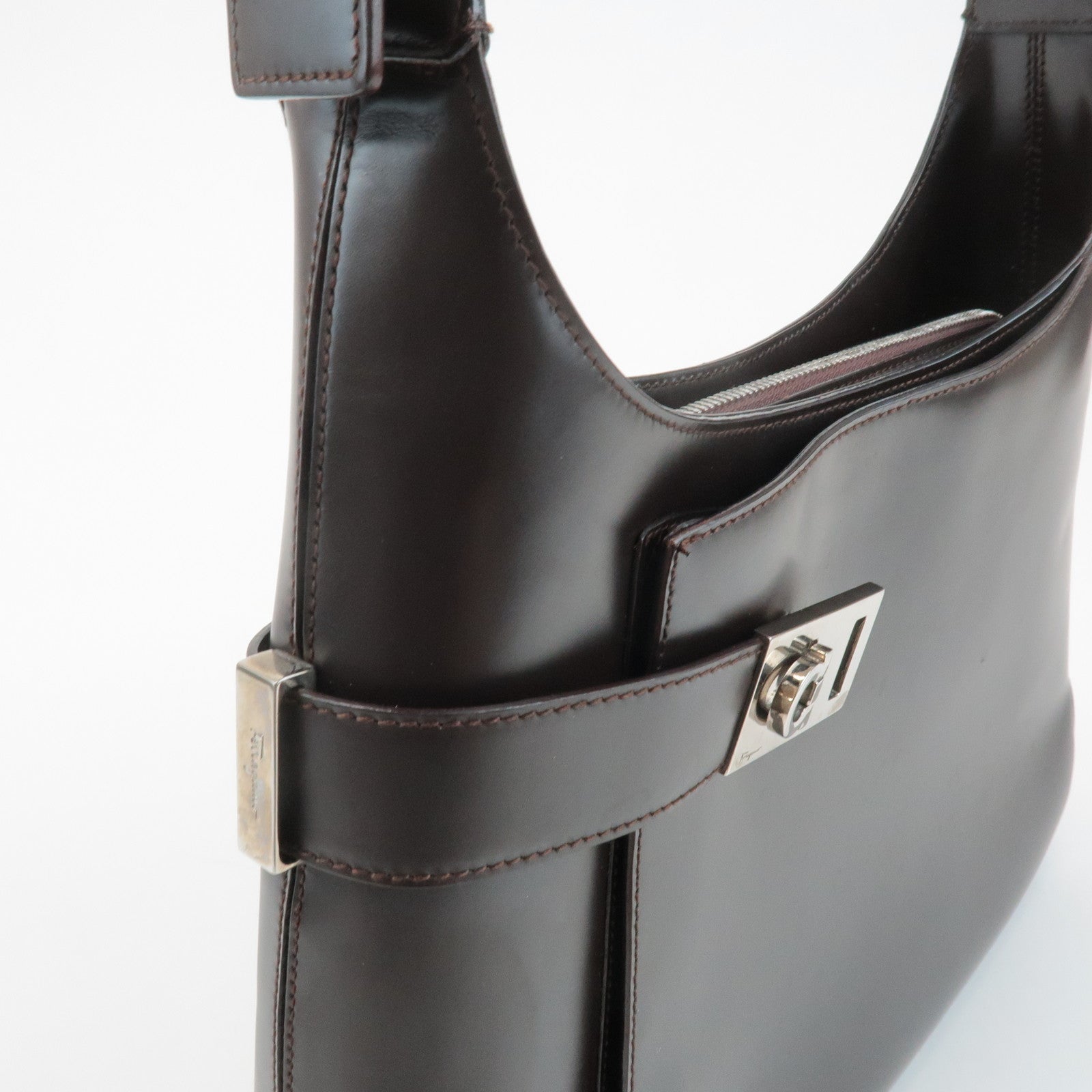 Ferragamo Gancini Leather Shoulder Bag Hand Bag Dark Brown Used