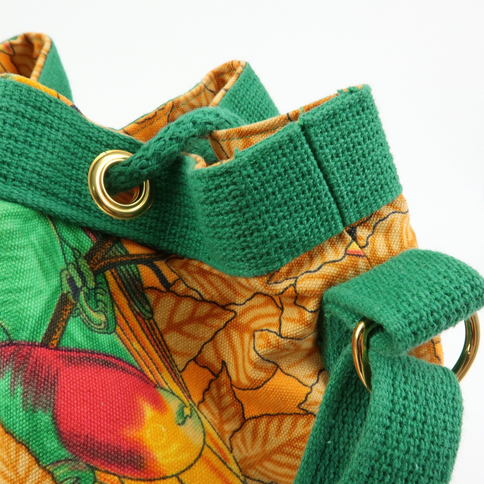HERMES Canvas Drawstring Shoulder Bag Crossbody Bag Orange Green