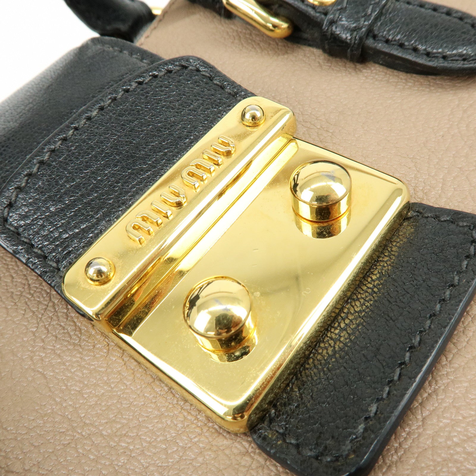 MIU MIU Madras Leather 2Way Hand Bag Bi-color Beige Black RN0799