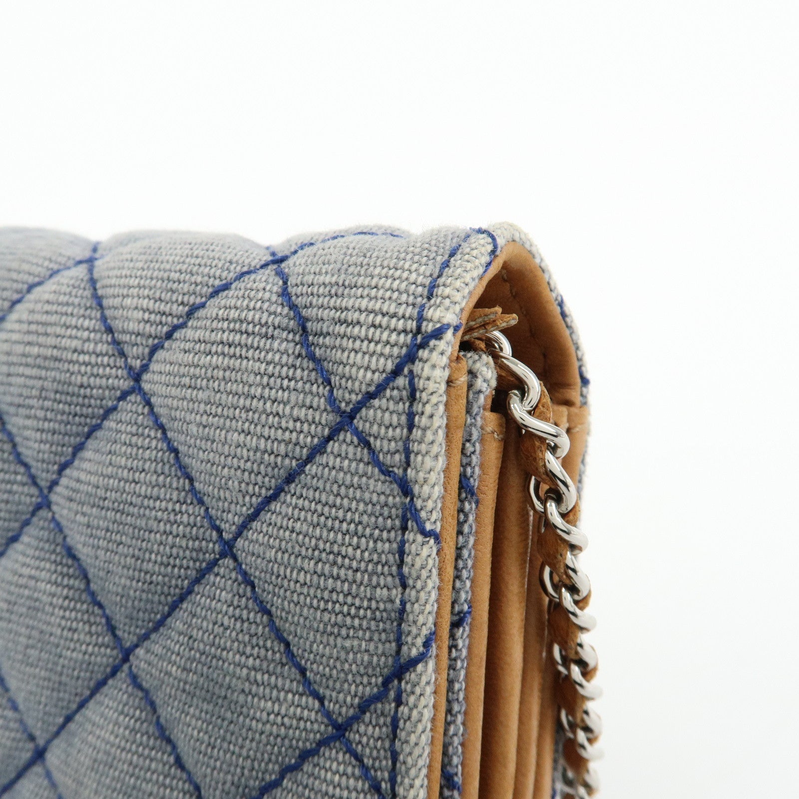 CHANEL Matelasse Denim Leather Chain Shoulder Bag Blue Light Brown