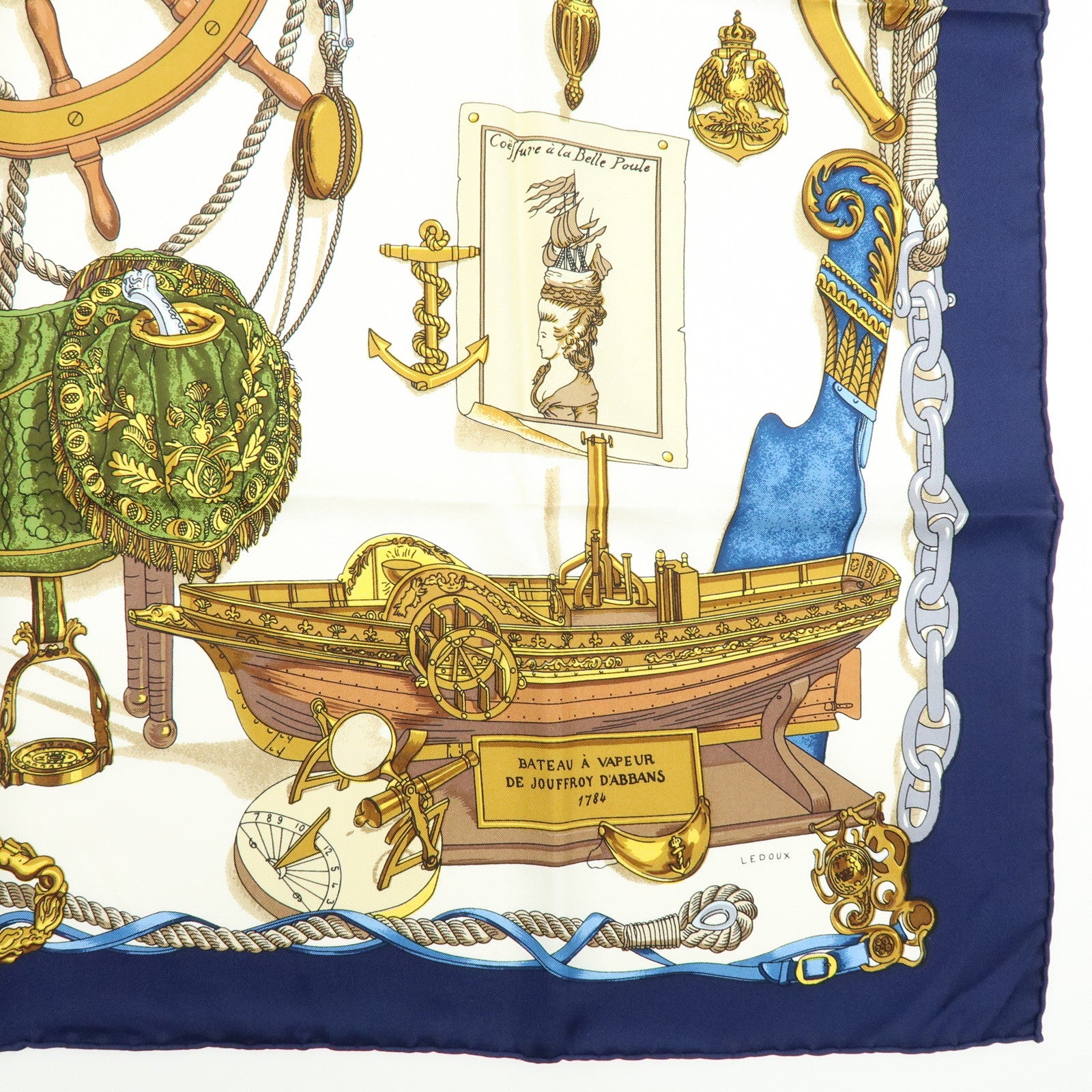 HERMES Carre 90 Silk 100% Scarf MUSEE Navy Ivory